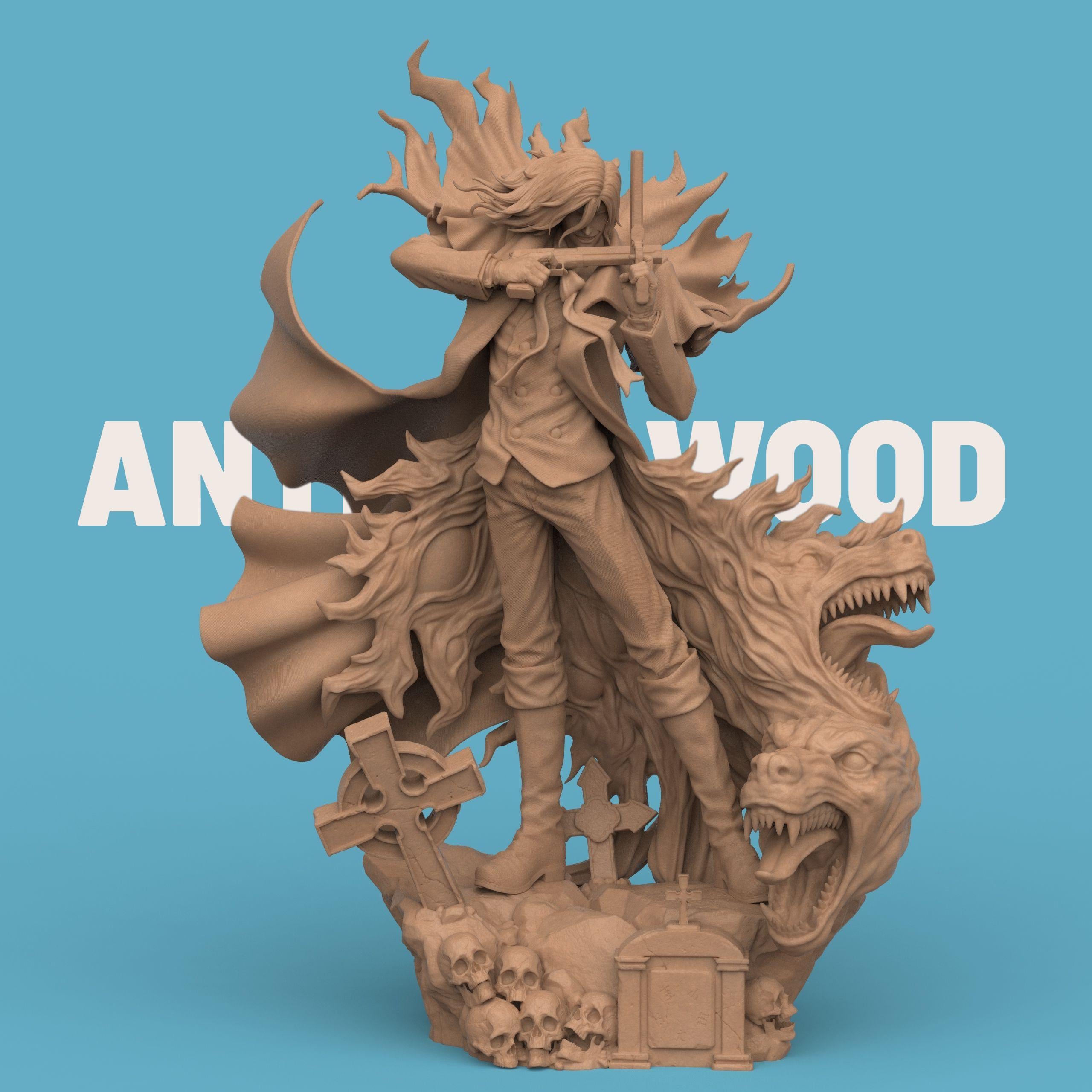 Highly detailed 3D-printed Alucard figurine, depicting a dark, vampire-like warrior in a red coat wielding dual pistols. The figure stands atop a gothic base adorned with skulls and gravestones, surrounded by swirling red demonic energy and snarling beast heads, capturing a dramatic and supernatural atmosphere.