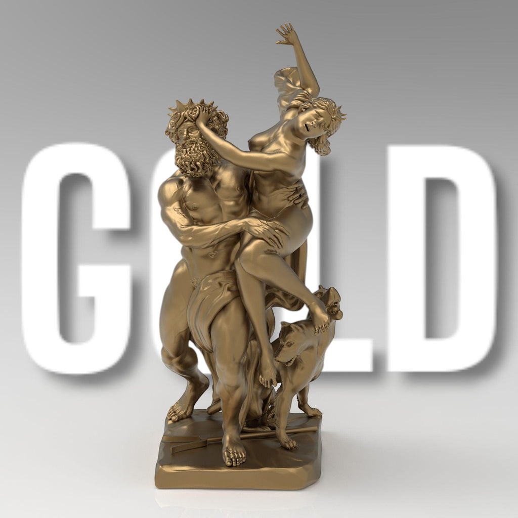 A detailed 3D sculpture of &quot;The Rape of Proserpina,&quot; depicting Pluto forcefully abducting Proserpina. The dramatic pose captures movement, with Proserpina reaching out in distress, Pluto gripping her firmly, and Cerberus at their feet.