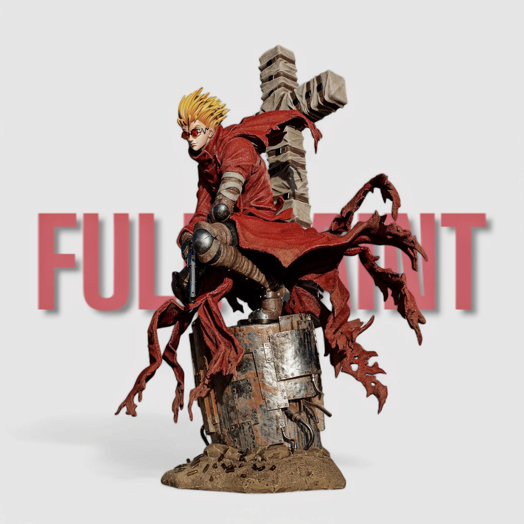Vash the Stampede figure, posed on a weathered base with tattered red coat flowing. Holds dual revolvers, massive wrapped cross weapon on back. Inspired by Trigun, capturing his dynamic movement and signature look.