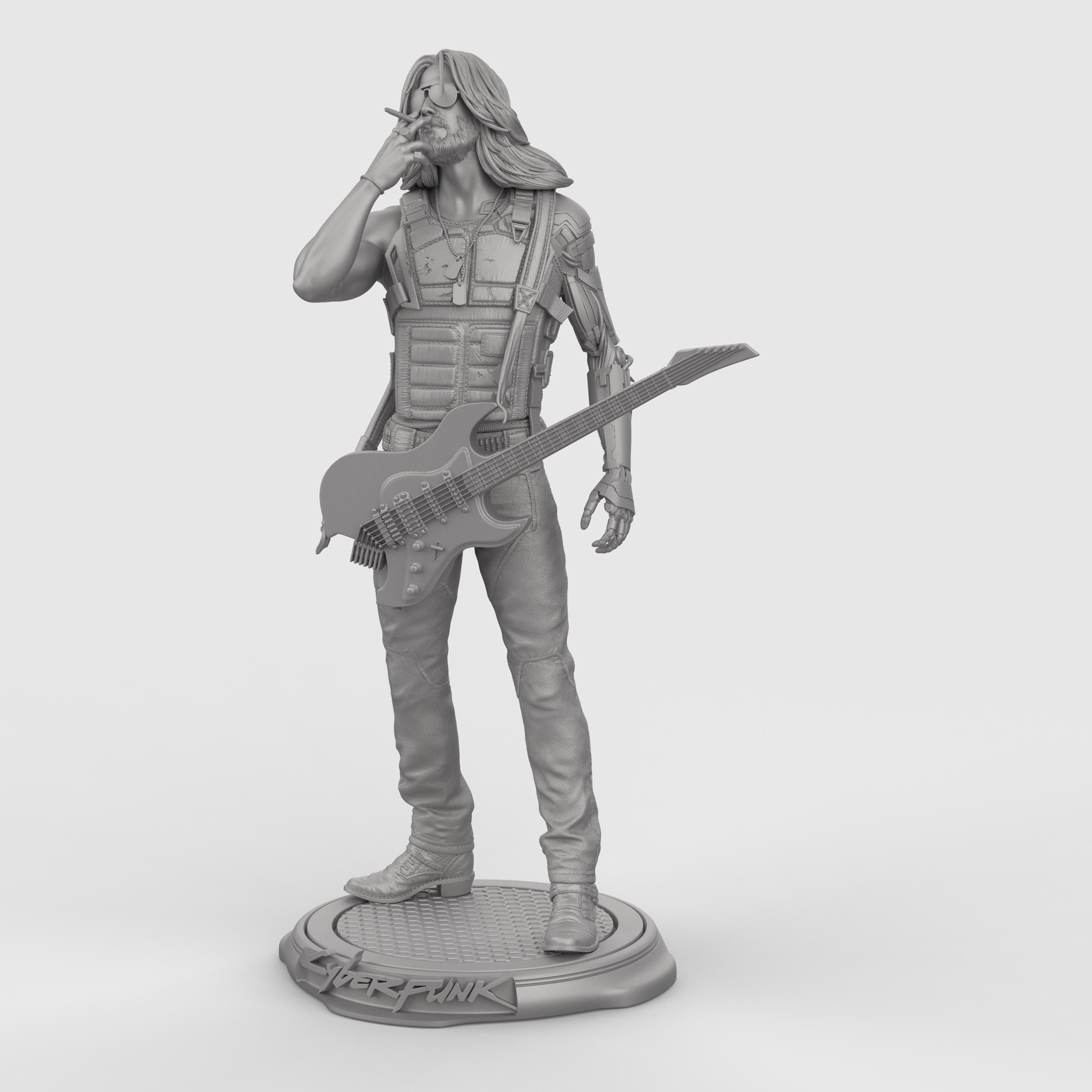 Highly detailed Johnny collectible statue inspired by Cyberpunk, featuring the iconic rocker with cybernetic arm, tactical vest, and electric guitar slung across his body. Posed mid-smoke on a stylized base. Available in full color, gold, silver, bronze, Stone Gray, Walnut finishes for striking display options.