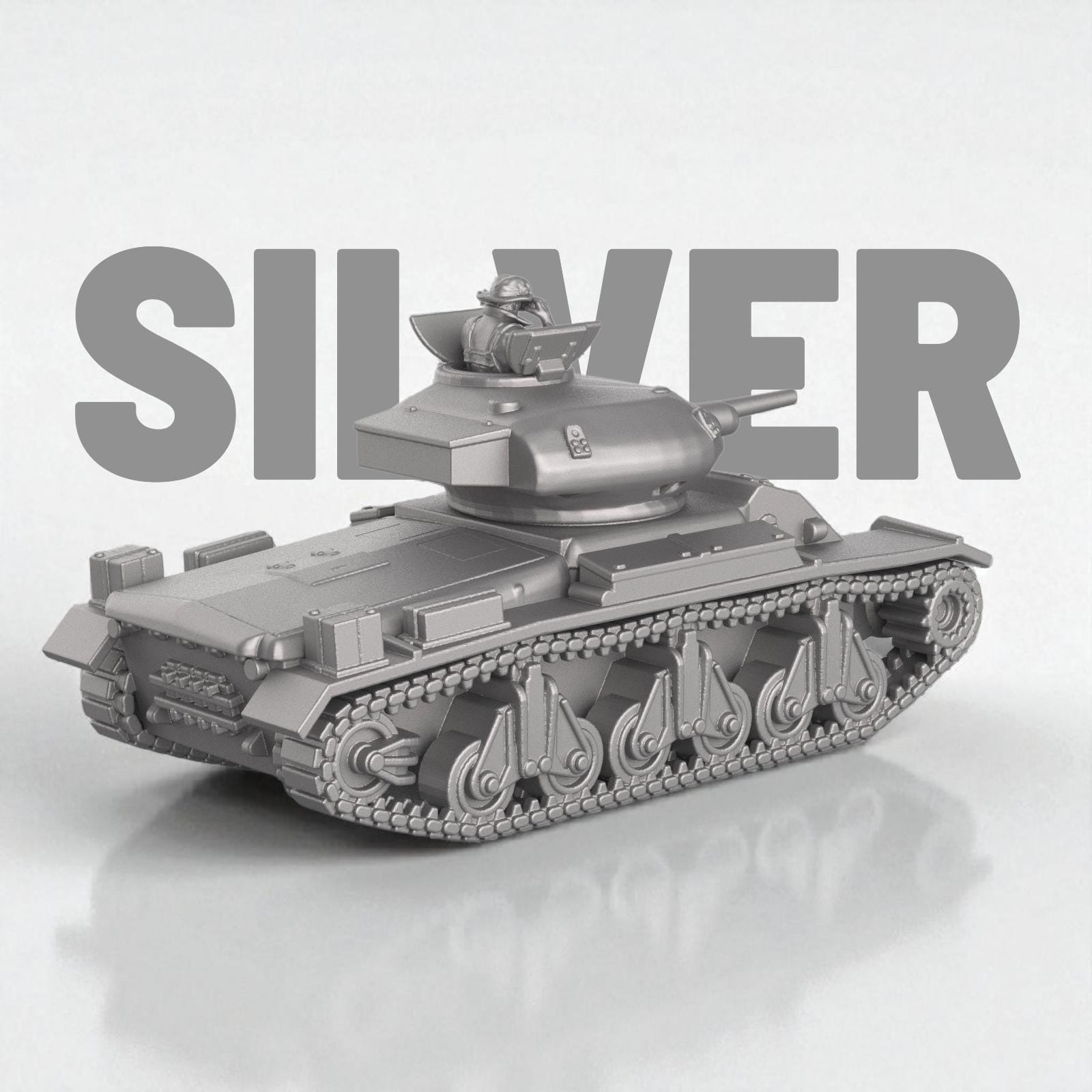 3D model of the Sentinel AC1 tank, featuring rounded turret with mounted gunner figure, smooth armored hull, and distinctive suspension with four large bogies per side, shown in metallic silver finish.