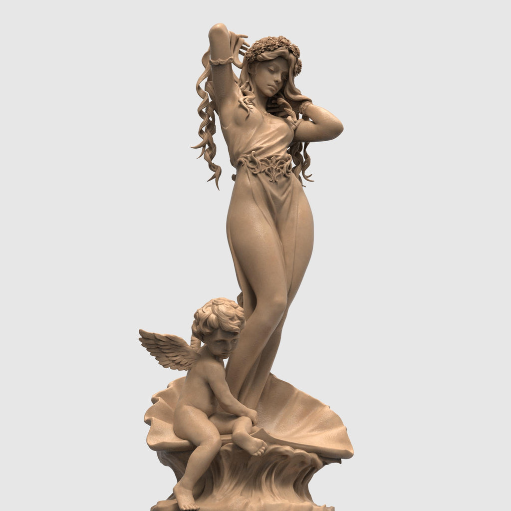 Aphrodite Robe Edition captures the goddess of love in an elegant pose, rising from a seashell as a cherub reaches toward her. This 3D-printed sculpture is a tribute to beauty and myth, featuring flowing hair, a delicate robe, and intricate detail that brings classical charm into any space.