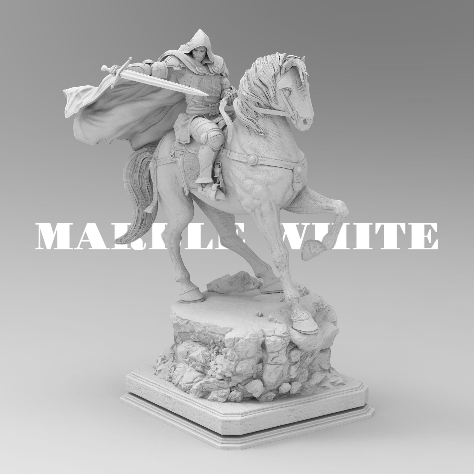 May include: A beige colored statue of a knight riding a horse. The Armored Revenant is wearing a hooded cloak and holding a sword. The horse is standing on a rocky base.