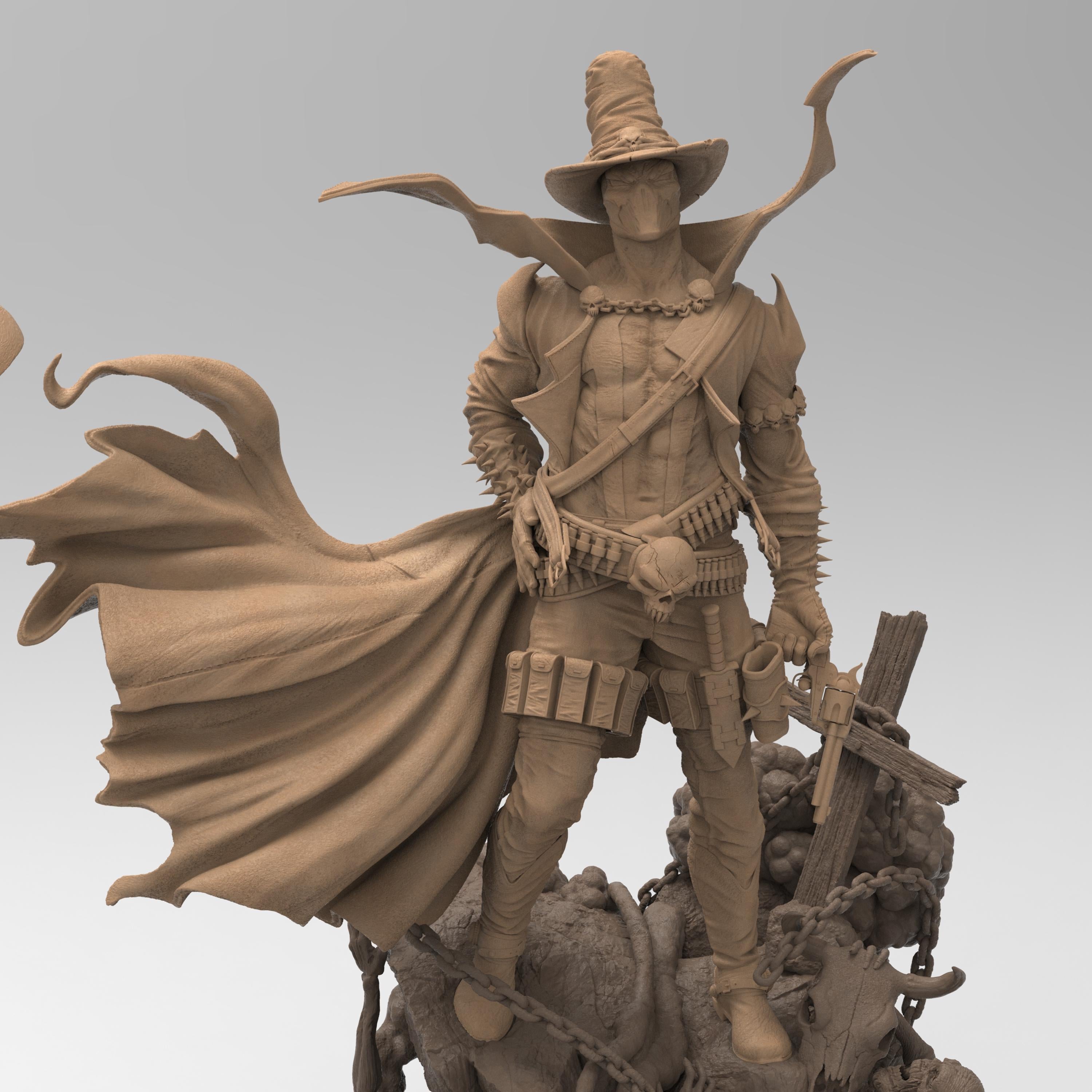 Gunslinger Spawn statue in a dynamic pose, wielding twin pistols with a flowing cape and spiked armor. Stands atop a detailed battlefield with chains and skulls, capturing the dark, gritty essence of the character.
