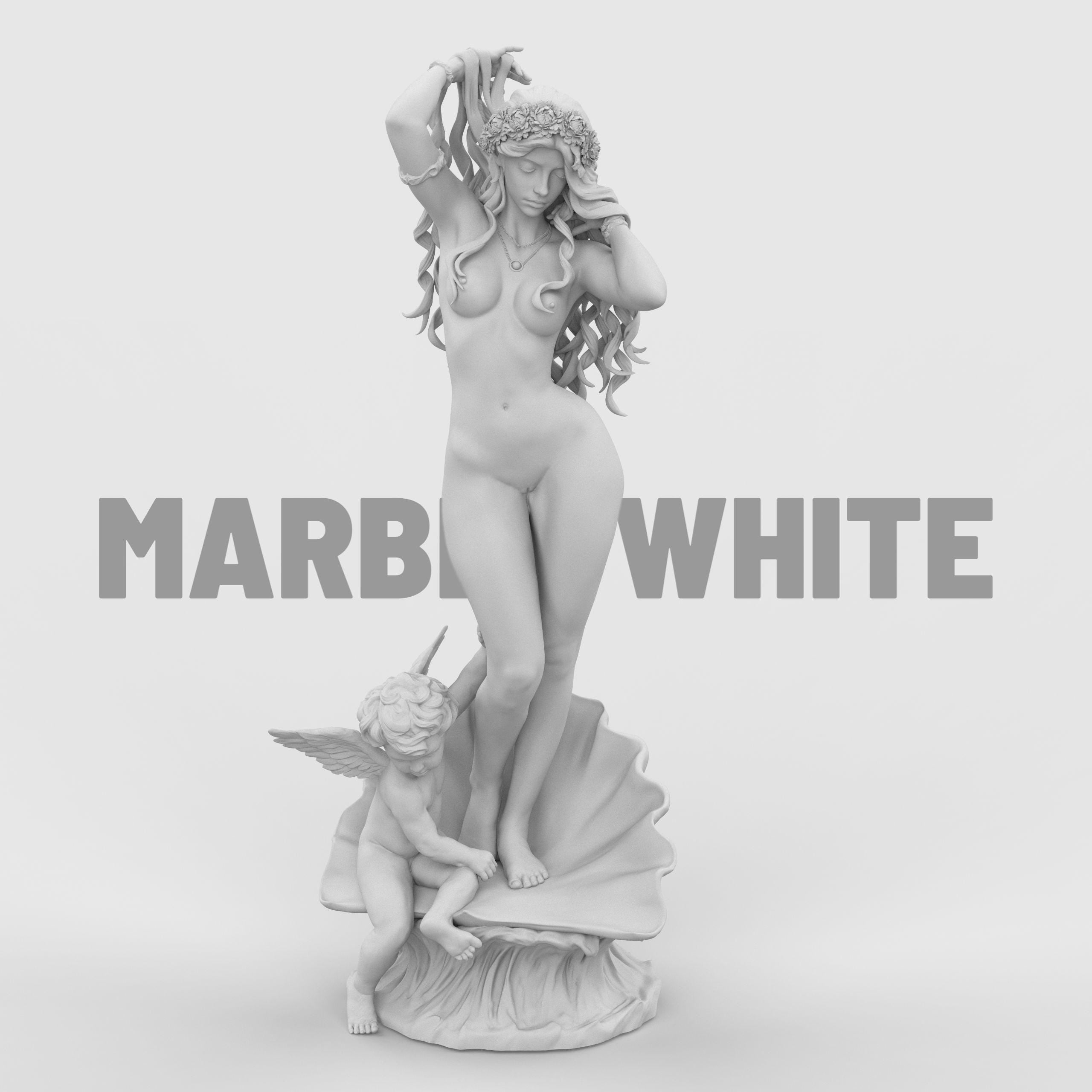 3D statue of Aphrodite, standing gracefully on a shell with flowing hair and floral wreath, accompanied by a cherub at her feet, set against a neutral background.