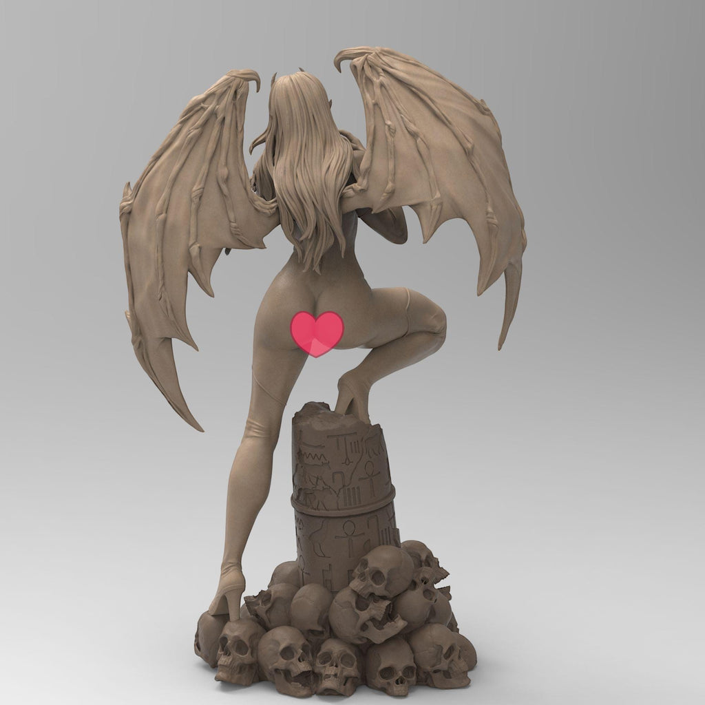 Demoness with bat-like wings, red skin, black armor, and piercing yellow eyes. She stands atop skulls, exuding power and allure. With curved horns and a confident stance, she embodies a seductive yet menacing presence.