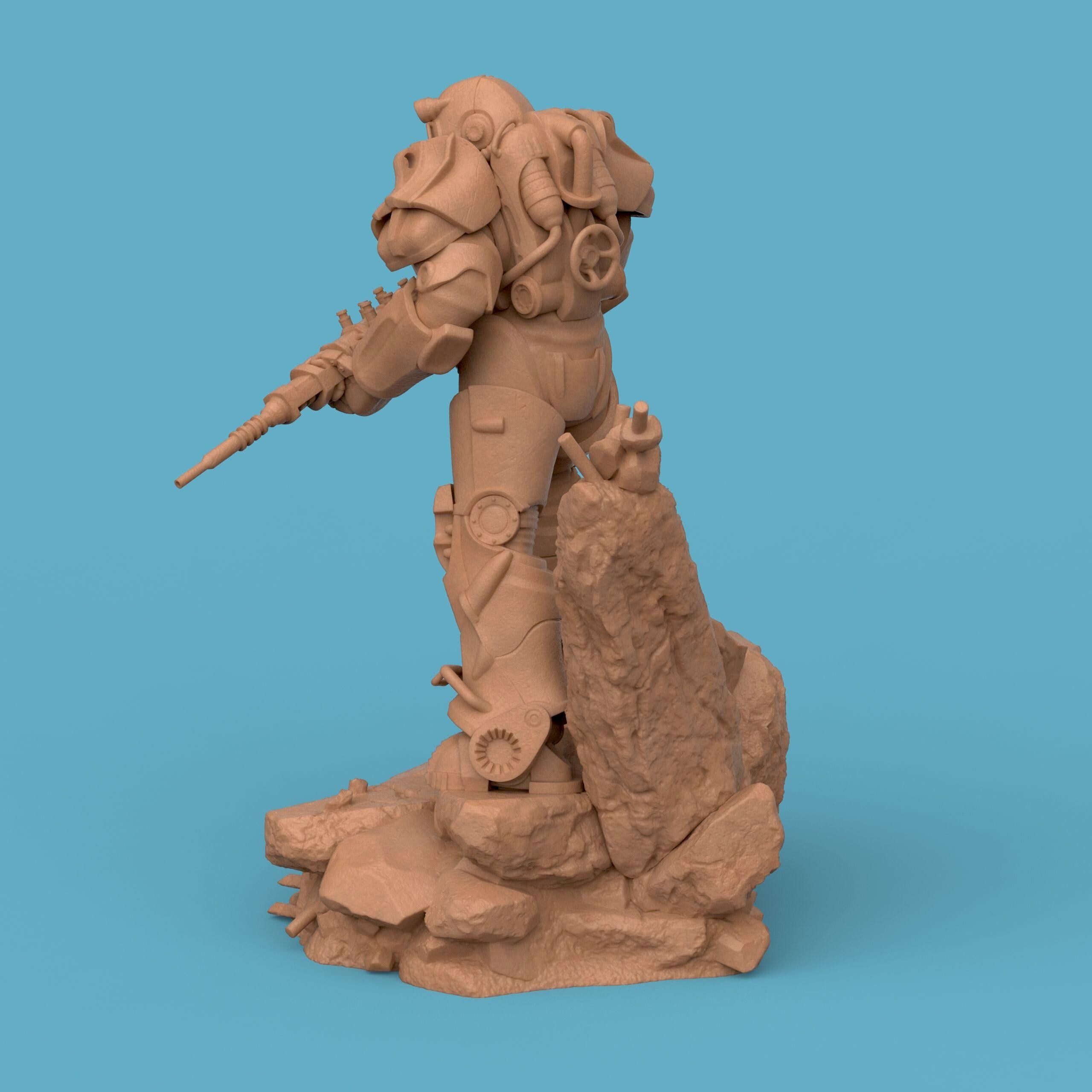 3D-printed T-60 Power Armor figurine featuring a heavily armored soldier standing on a rocky base. The detailed design showcases metallic plating, mechanical joints, and a futuristic energy weapon — a perfect collectible for sci-fi fans and post-apocalyptic enthusiasts.