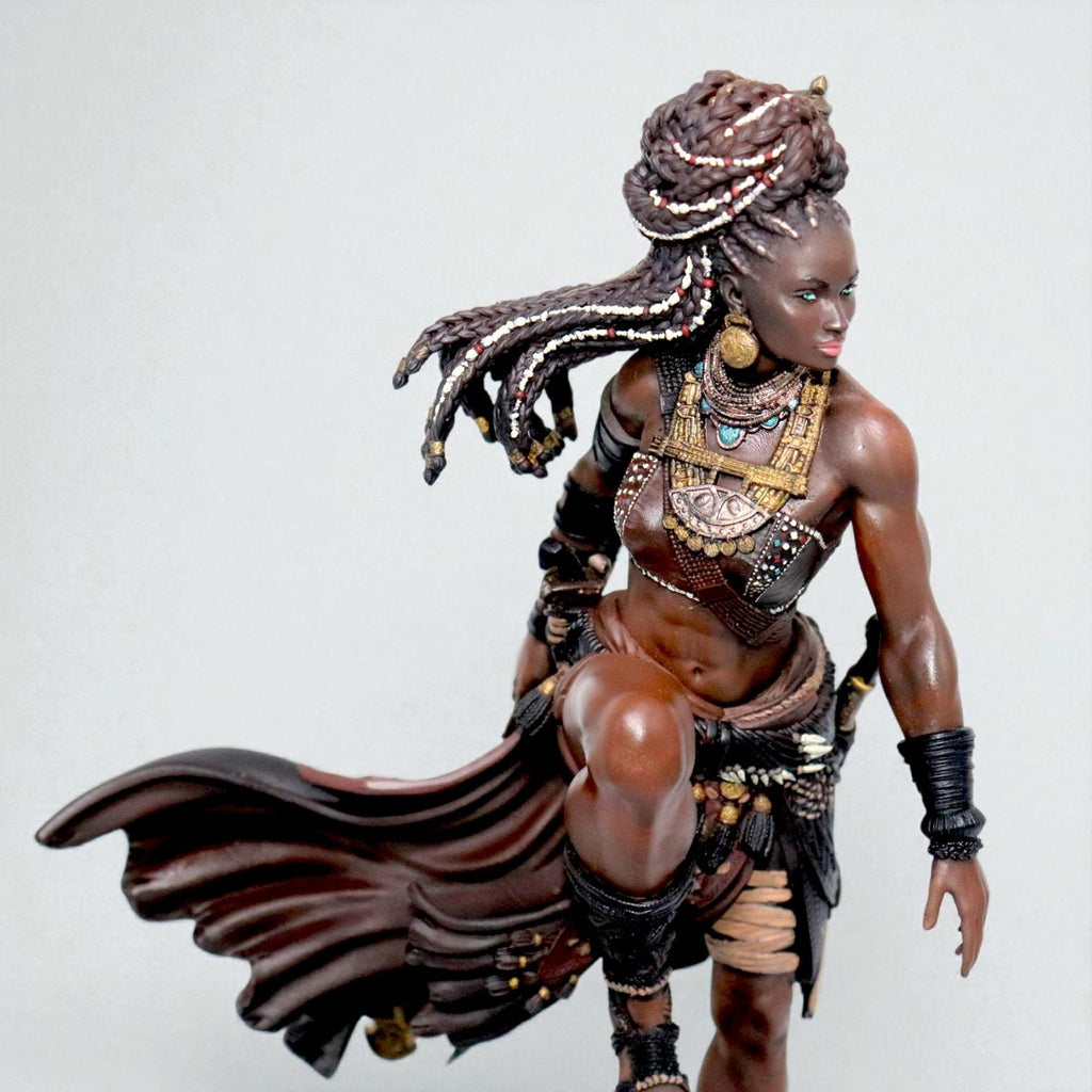 Elzebe, the Warrior Queen, stands atop a rocky skull, exuding strength and regality. Clad in intricate armor, her braided hair flows as she surveys the battlefield. A fierce leader, she embodies resilience and power, a true queen of war and legend.