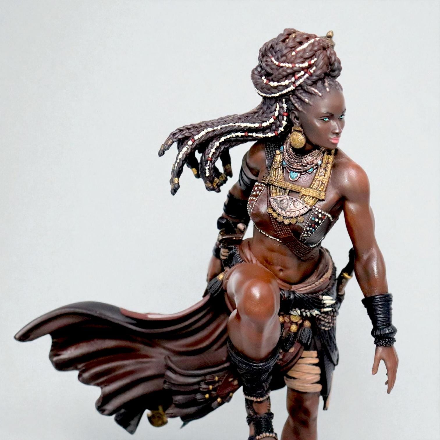 Elzebe, the Warrior Queen, stands atop a rocky skull, exuding strength and regality. Clad in intricate armor, her braided hair flows as she surveys the battlefield. A fierce leader, she embodies resilience and power, a true queen of war and legend.