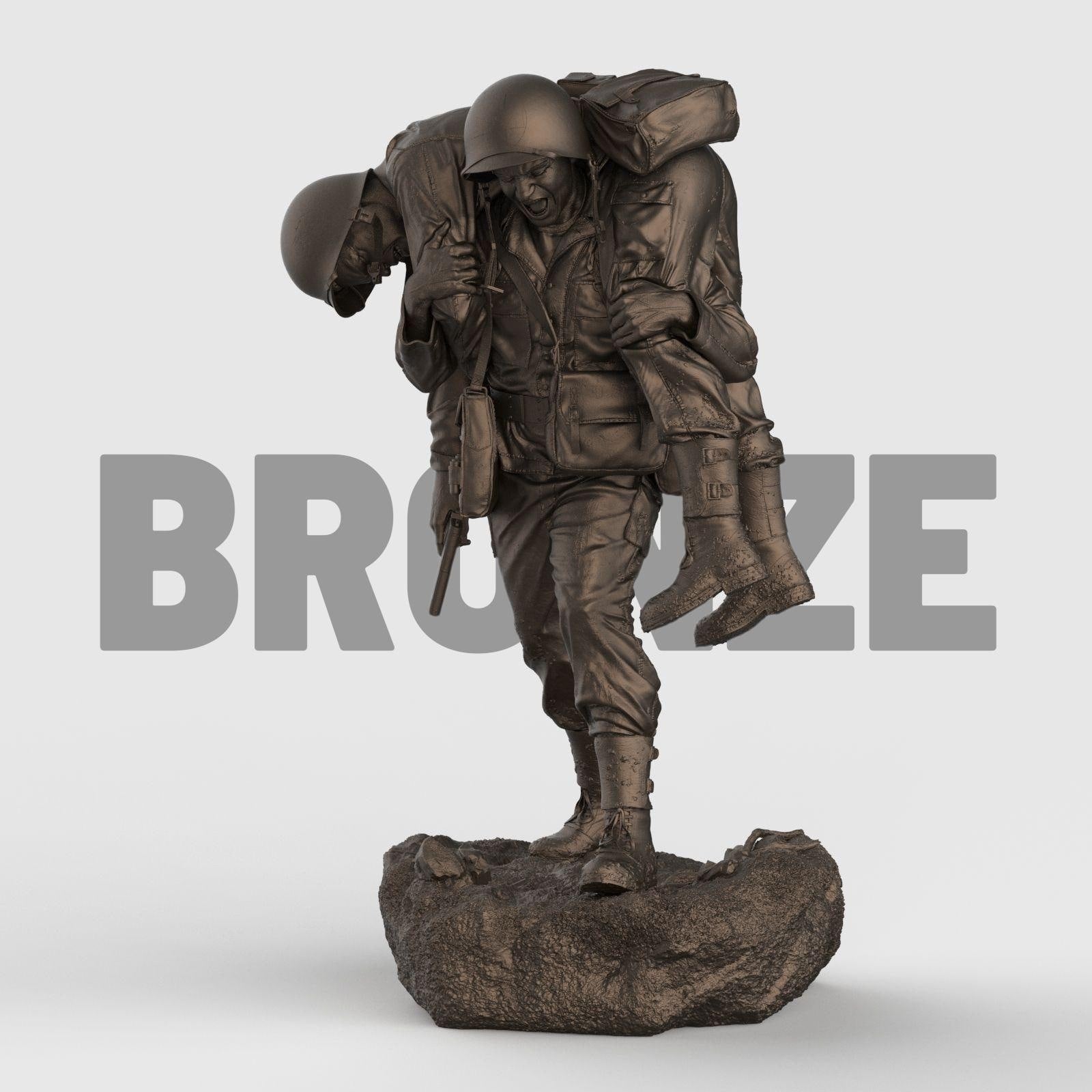 Detailed 3D-printed statue of a WWII soldier carrying a wounded comrade on his back, symbolizing courage, sacrifice, and brotherhood in battle. The figure is set on a rocky base, capturing raw emotion and heroic realism.