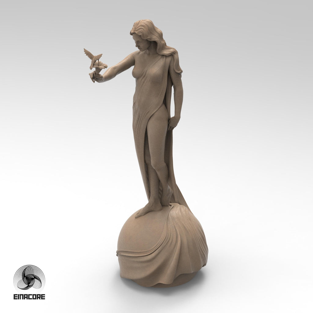 Statue of Eirene, the Goddess of Peace, featuring a serene woman with flowing hair, holding a dove. She stands gracefully on a spherical base, symbolizing harmony and balance.