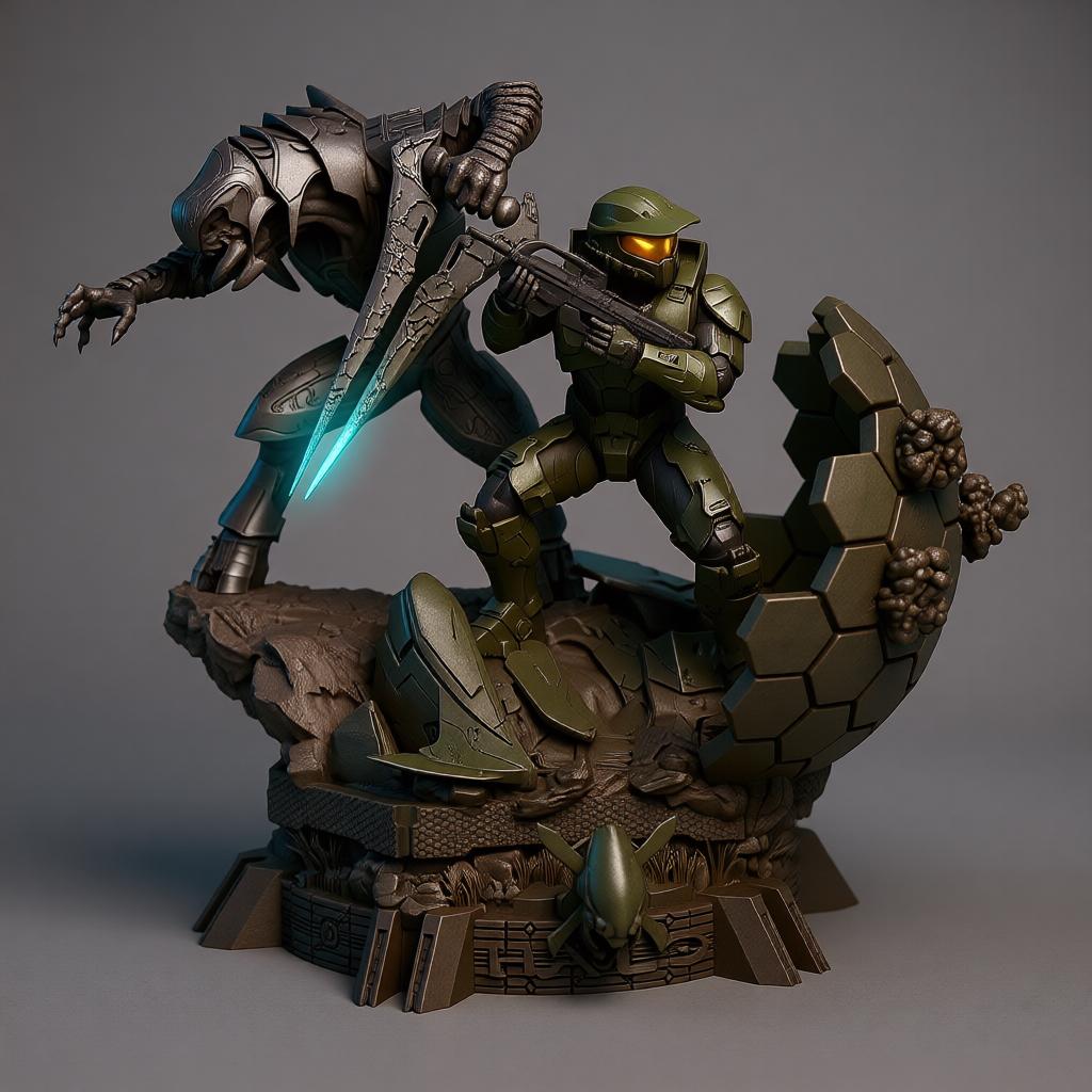 3D-printed diorama featuring the Arbiter and Master Chief locked in battle, captured in dynamic motion. The detailed scene showcases the two armored warriors clashing atop a sci-fi terrain with glowing energy blades and futuristic textures, embodying heroism, rivalry, and cinematic intensity — a perfect collectible for sci-fi fans and gamers.