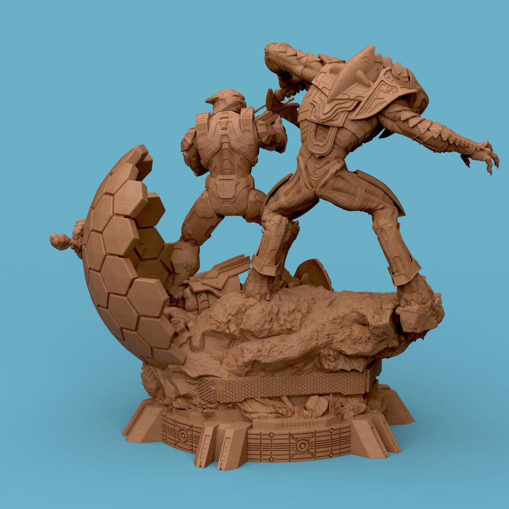 3D-printed diorama featuring the Arbiter and Master Chief locked in battle, captured in dynamic motion. The detailed scene showcases the two armored warriors clashing atop a sci-fi terrain with glowing energy blades and futuristic textures, embodying heroism, rivalry, and cinematic intensity — a perfect collectible for sci-fi fans and gamers.