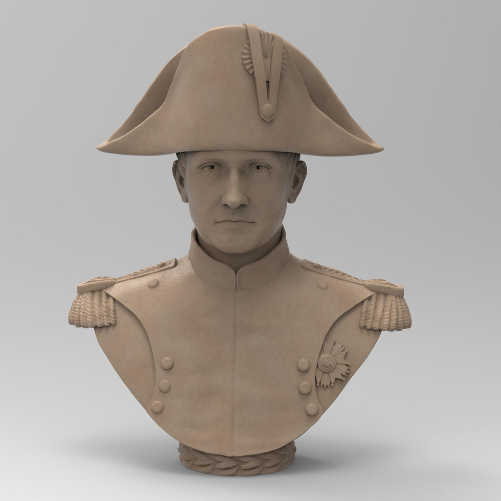 Bust of Napoleon Bonaparte wearing a bicorne hat and detailed military uniform, showcasing epaulets and a medal, set against a neutral background.