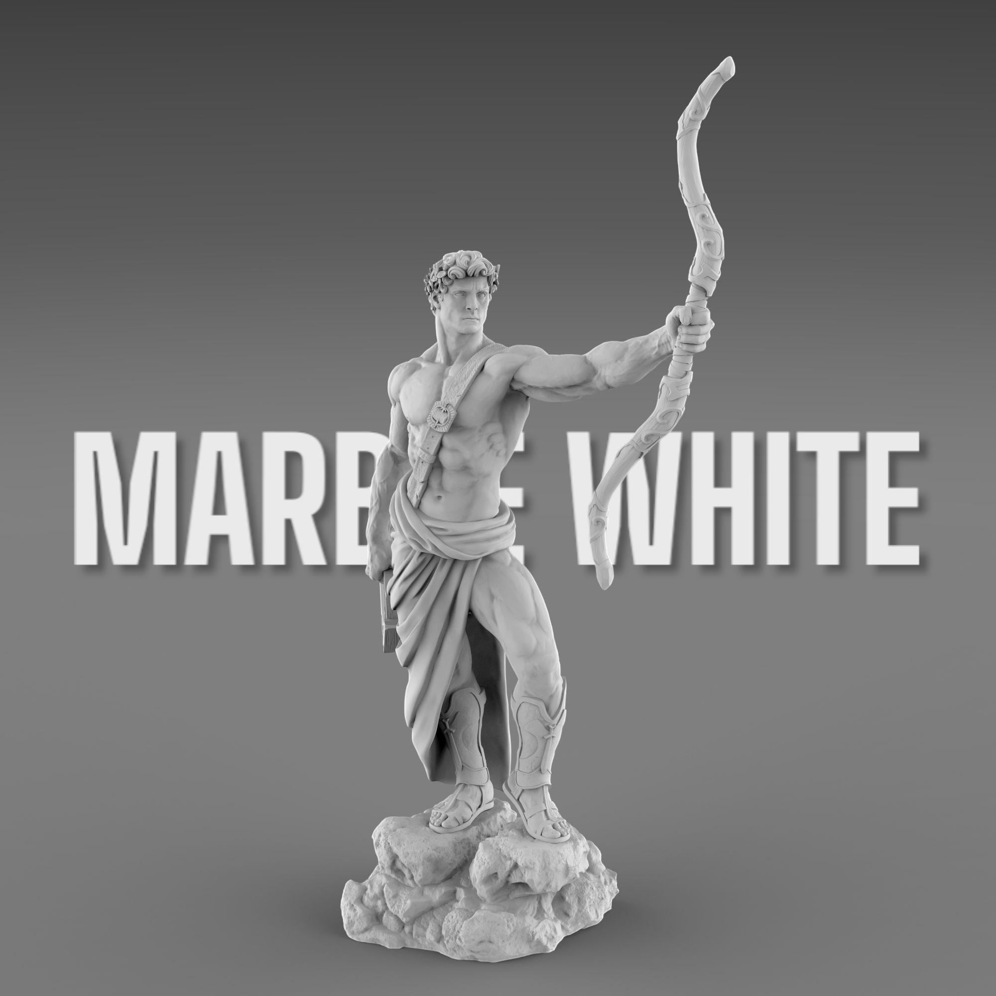 Apollo statue with a bow and lyre, wearing a laurel wreath and draped garment. His heroic stance and muscular form embody divine strength and grace.