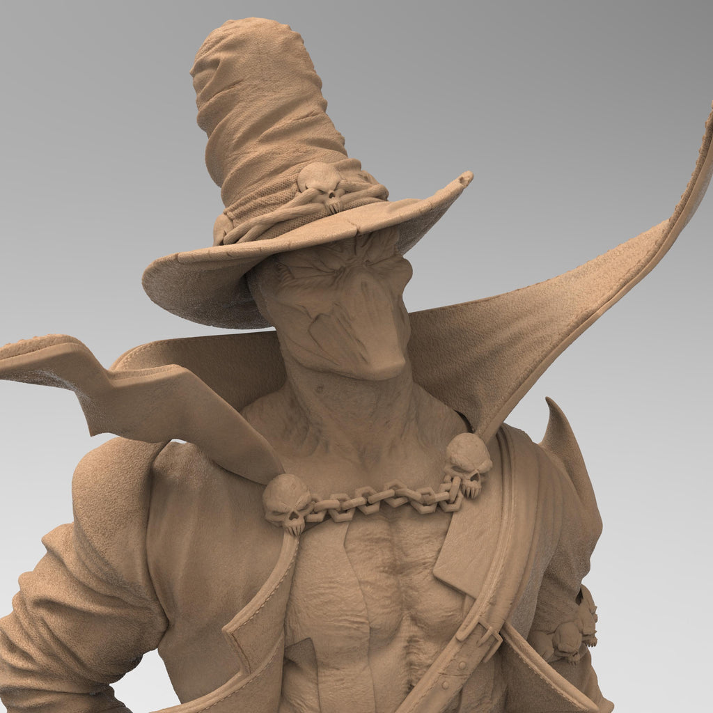 Gunslinger Spawn statue in a dynamic pose, wielding twin pistols with a flowing cape and spiked armor. Stands atop a detailed battlefield with chains and skulls, capturing the dark, gritty essence of the character.