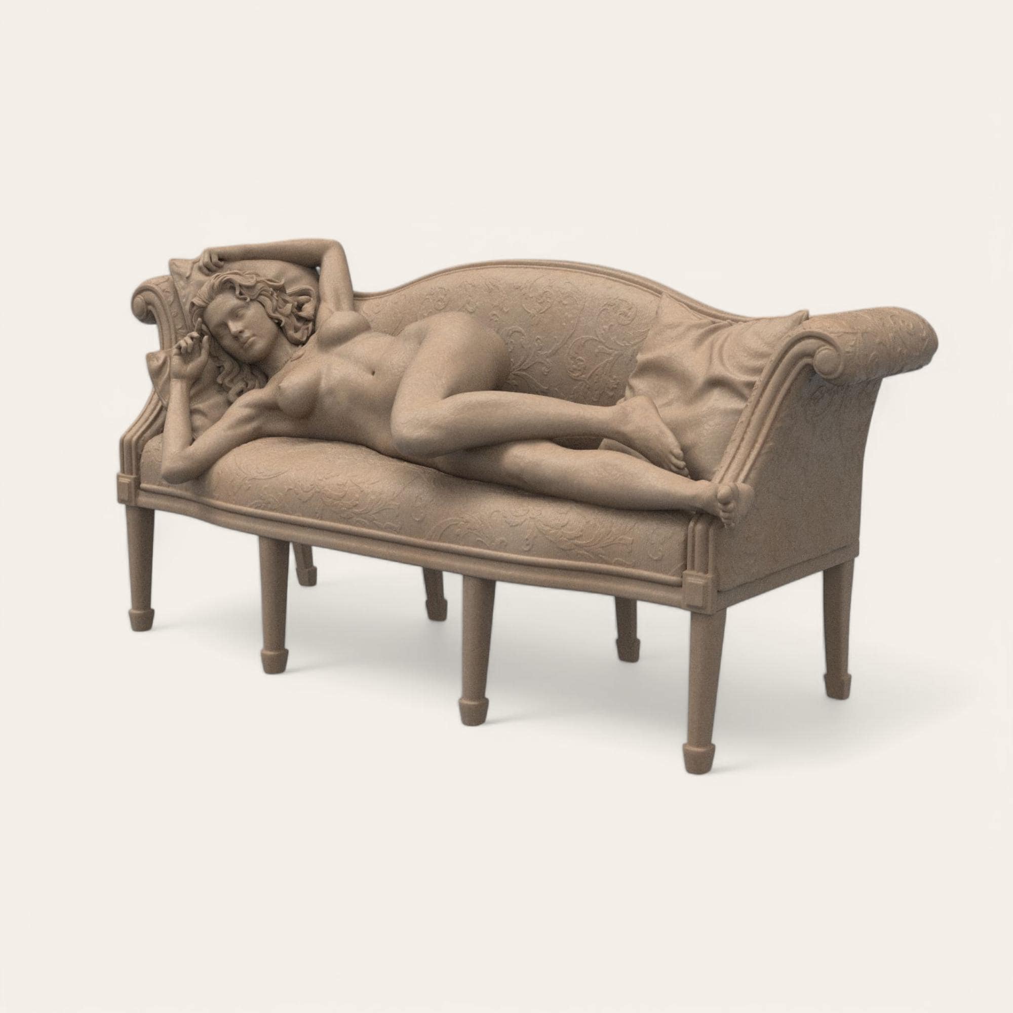 Titanic Rose 3D sculpture inspired by the iconic film pose. A graceful figure reclines nude on a vintage sofa, with detailed textures in fabric and anatomy, capturing a timeless moment of elegance and vulnerability.