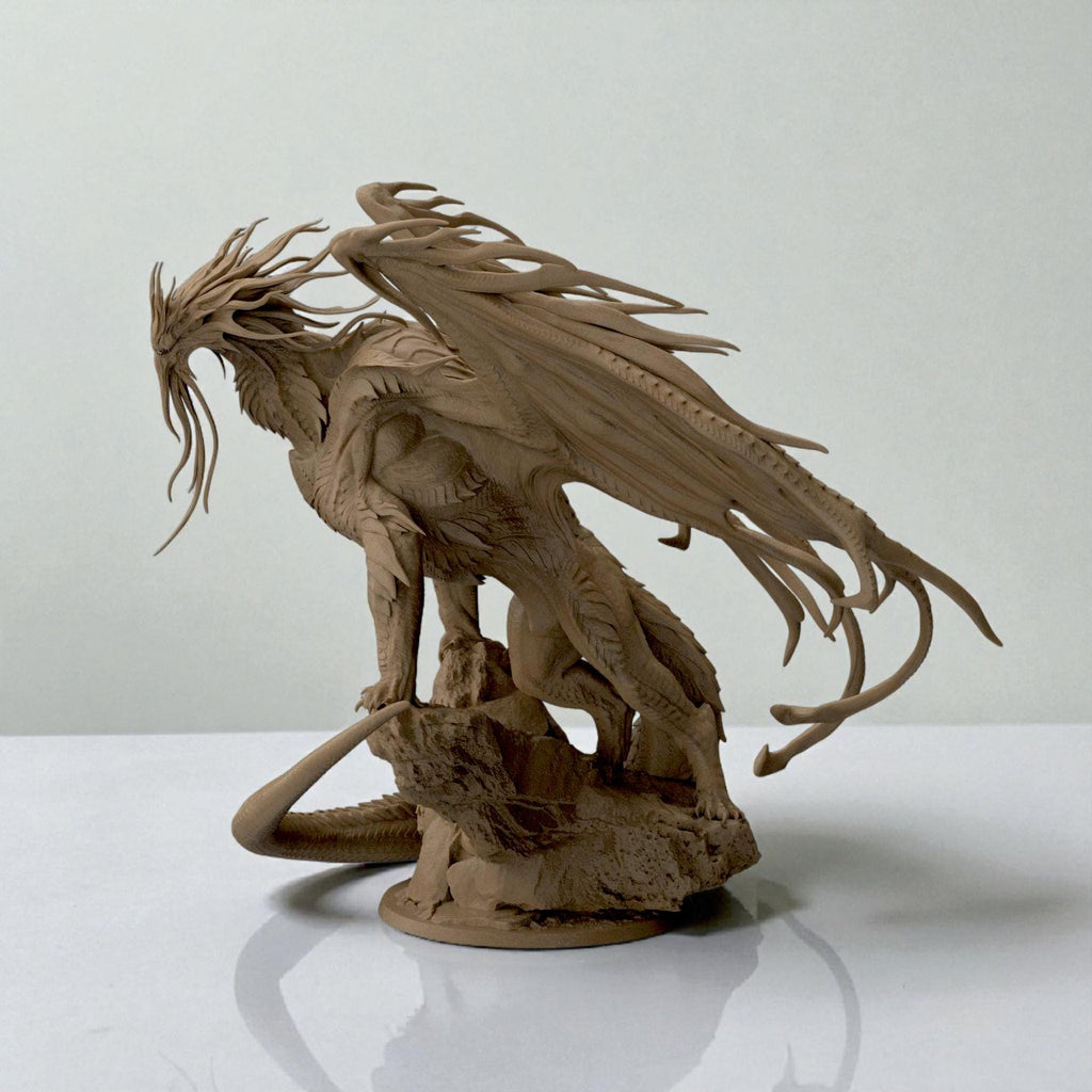 3D-printed Dragon Bahamut figurine featuring an awe-inspiring mythical dragon perched on a rocky base. The sculpture showcases flowing wing membranes, sharp scales, and a dynamic pose that radiates strength and majesty — a centerpiece piece for fantasy collectors and dragon enthusiasts alike.