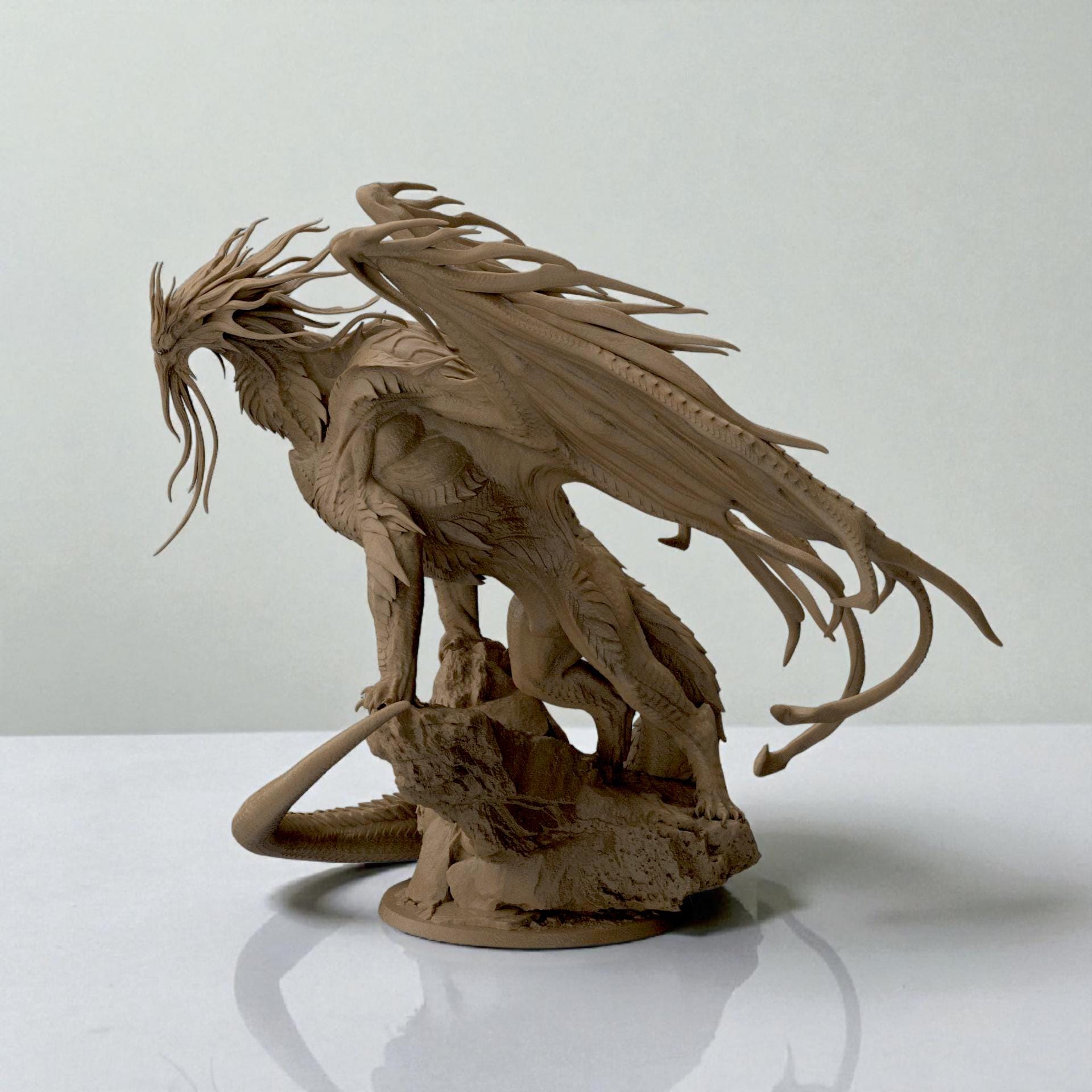 3D-printed Dragon Bahamut figurine featuring an awe-inspiring mythical dragon perched on a rocky base. The sculpture showcases flowing wing membranes, sharp scales, and a dynamic pose that radiates strength and majesty — a centerpiece piece for fantasy collectors and dragon enthusiasts alike.