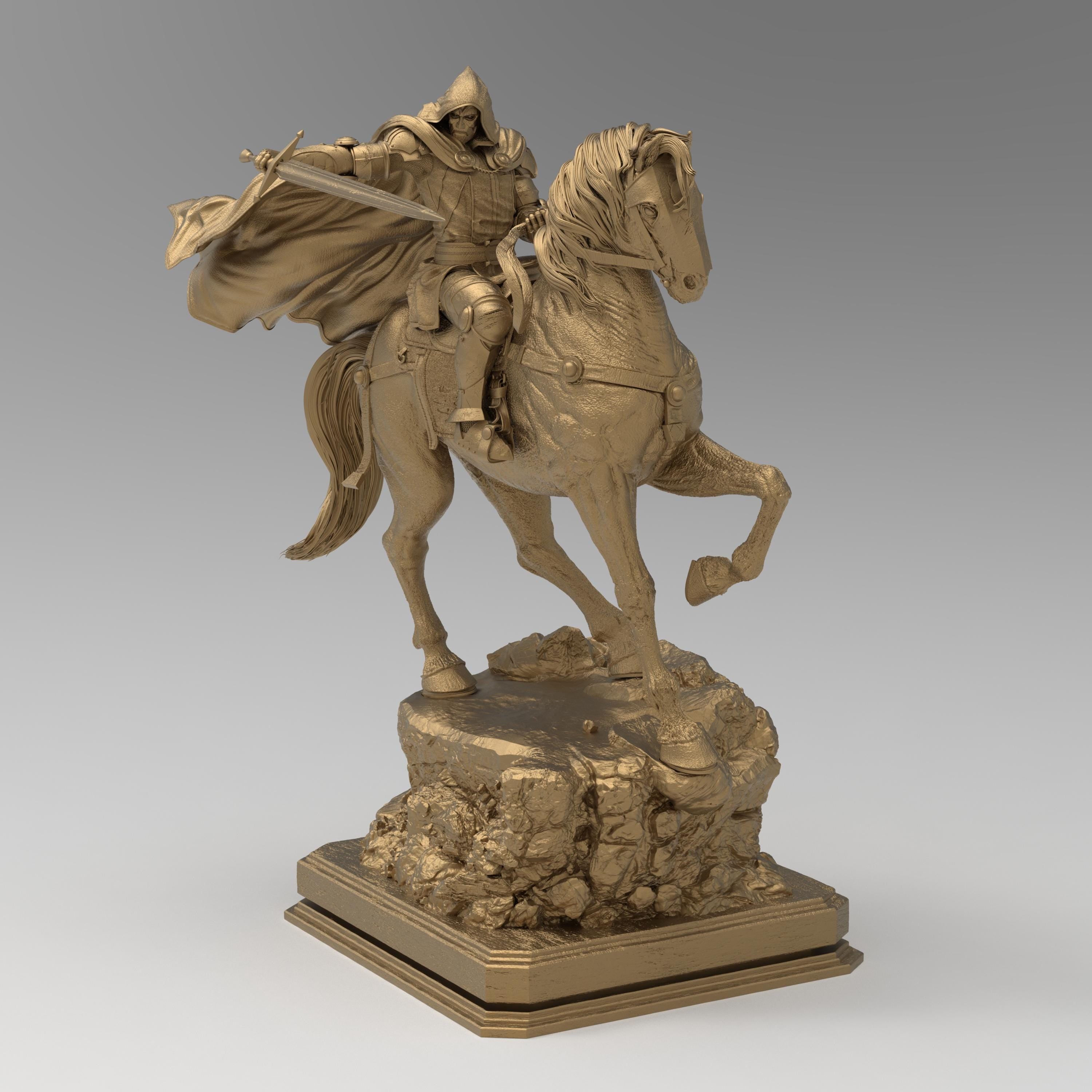 May include: A beige colored statue of a knight riding a horse. The Armored Revenant is wearing a hooded cloak and holding a sword. The horse is standing on a rocky base.