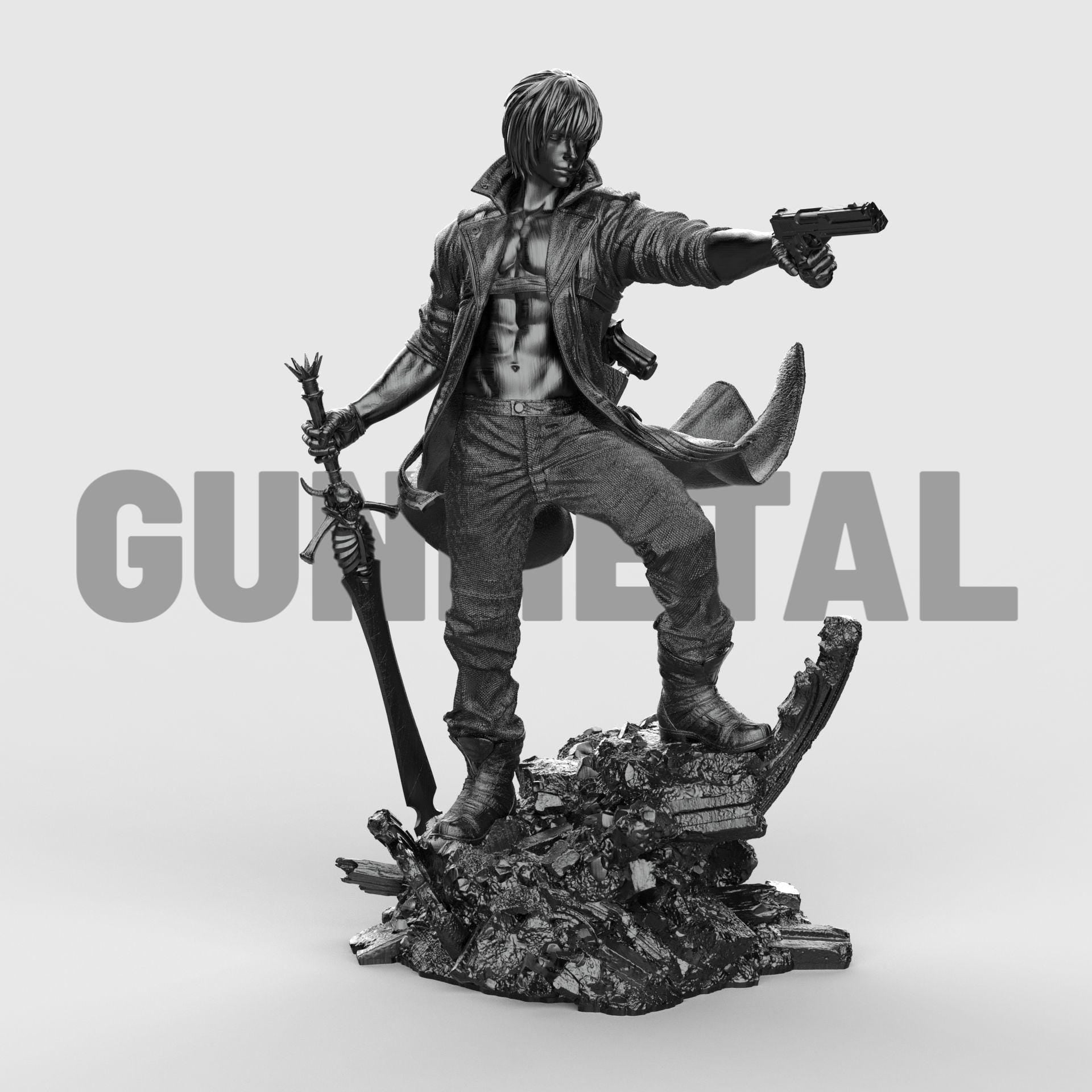 Dante figurine posed dynamically on rocky terrain, wearing a flowing red coat and holding a pistol aimed forward, with detailed sculpting and painted finish.