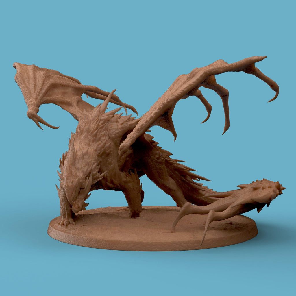 3D-printed figurine of the Chromatic White Dragon in a dynamic stance with wings unfurled and sharp scales detailed across its body. The dragon’s fierce posture and coiled tail capture power and motion, making it ideal for fantasy collections, tabletop displays, or dragon-themed décor.