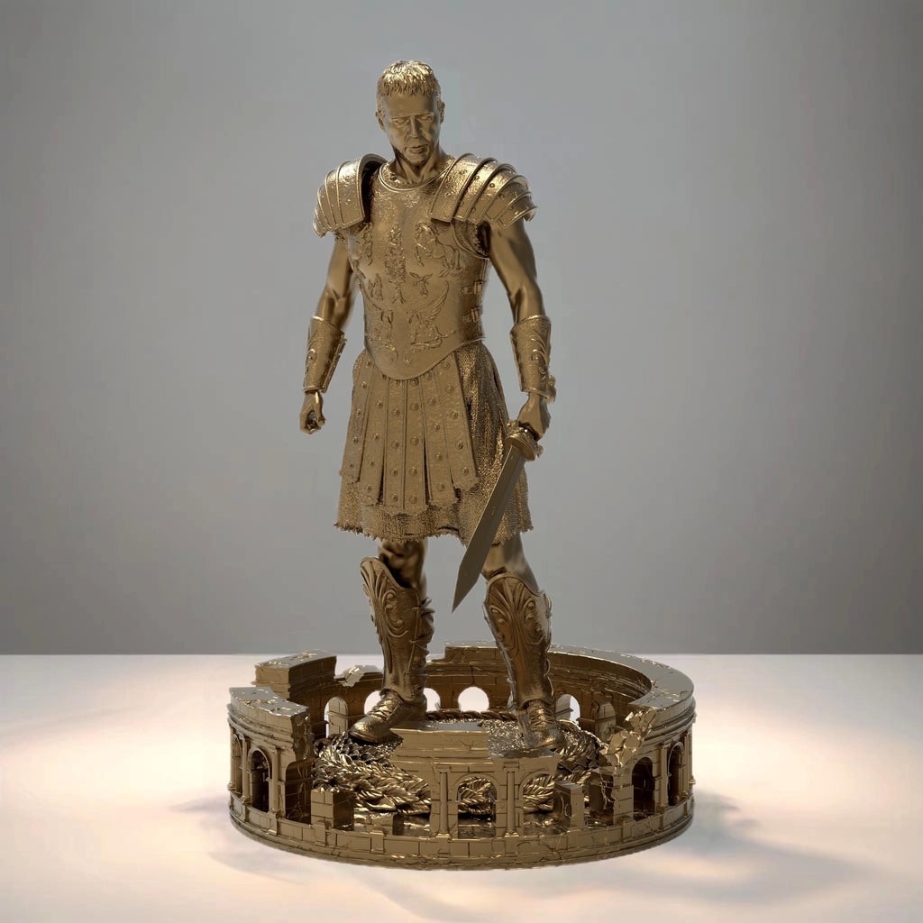 Statuette of The Gladiator, depicted in detailed armor with a sword in hand, standing confidently on a base featuring an intricate colosseum design and laurel accents.