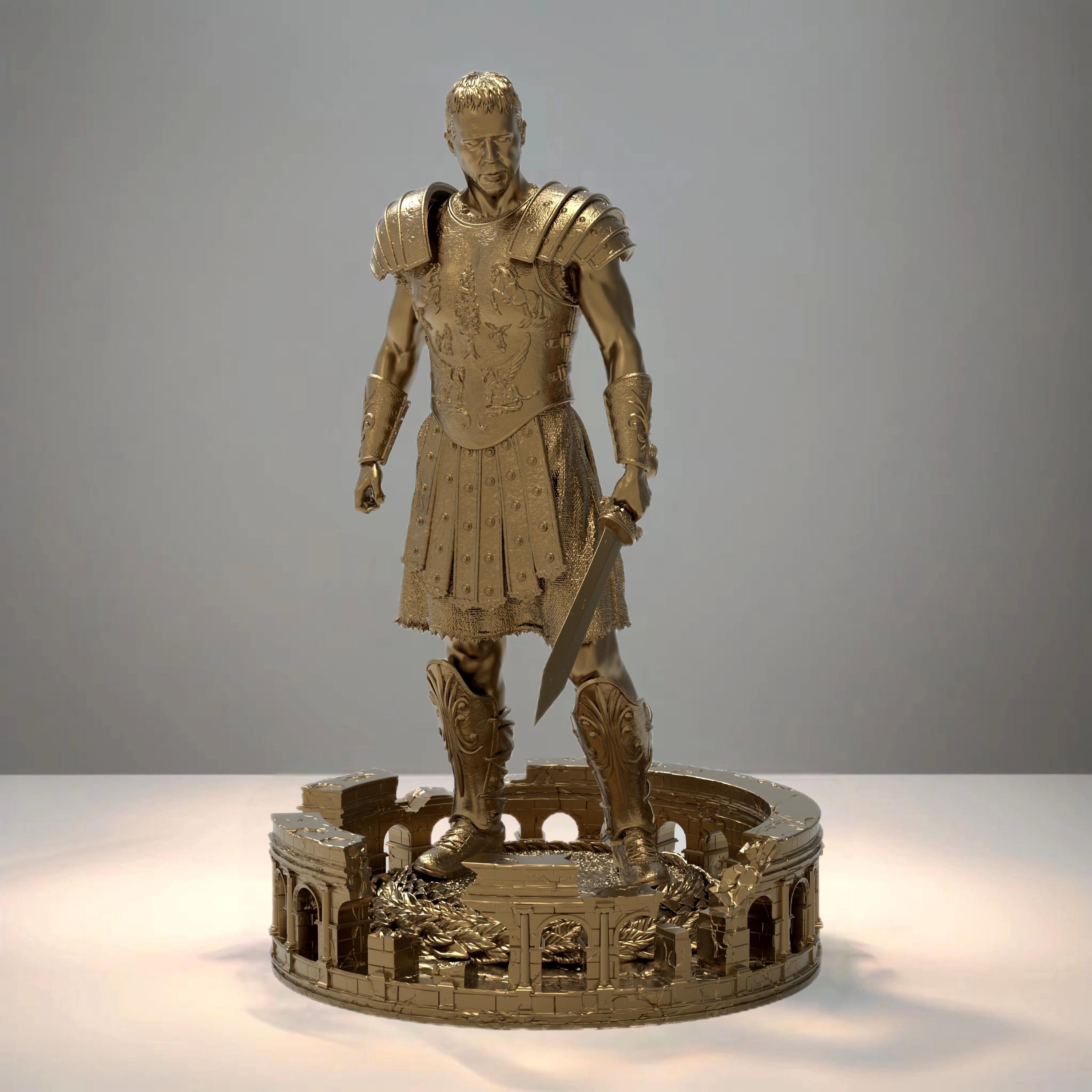 Statuette of The Gladiator, depicted in detailed armor with a sword in hand, standing confidently on a base featuring an intricate colosseum design and laurel accents.