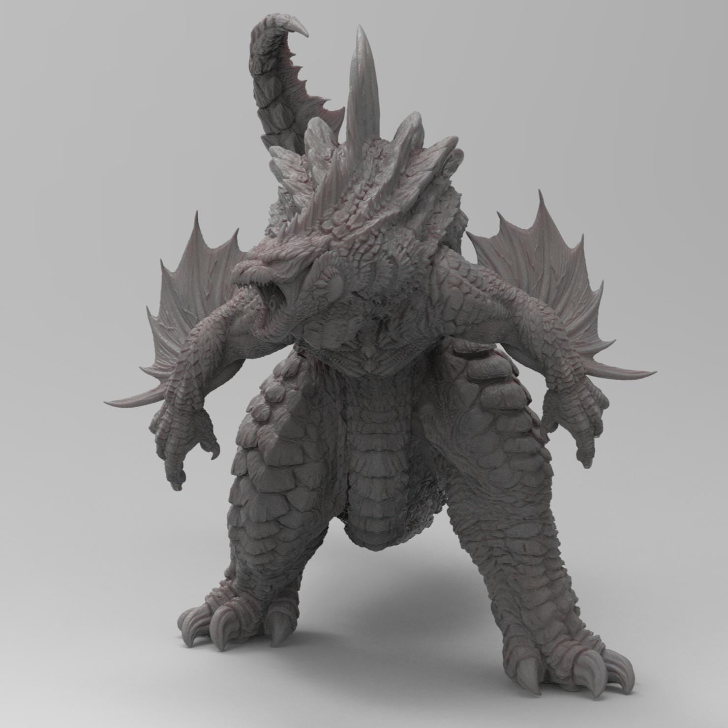 Highly detailed statue of Godzilla Reborn in a dynamic pose, showcasing sharp spines, textured scales, and an aggressive stance, rendered in a gray stone-like finish.