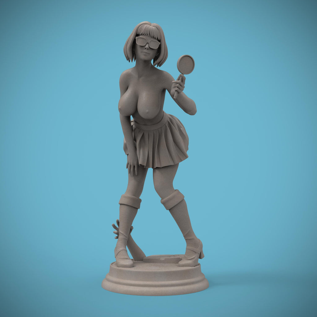 A cheeky twist on the classic mystery solver. This curvy Velma-inspired figurine captures her playful spirit with a magnifying glass in hand and a mischievous grin. A perfect blend of sass and smarts, sculpted in high detail for collectors.