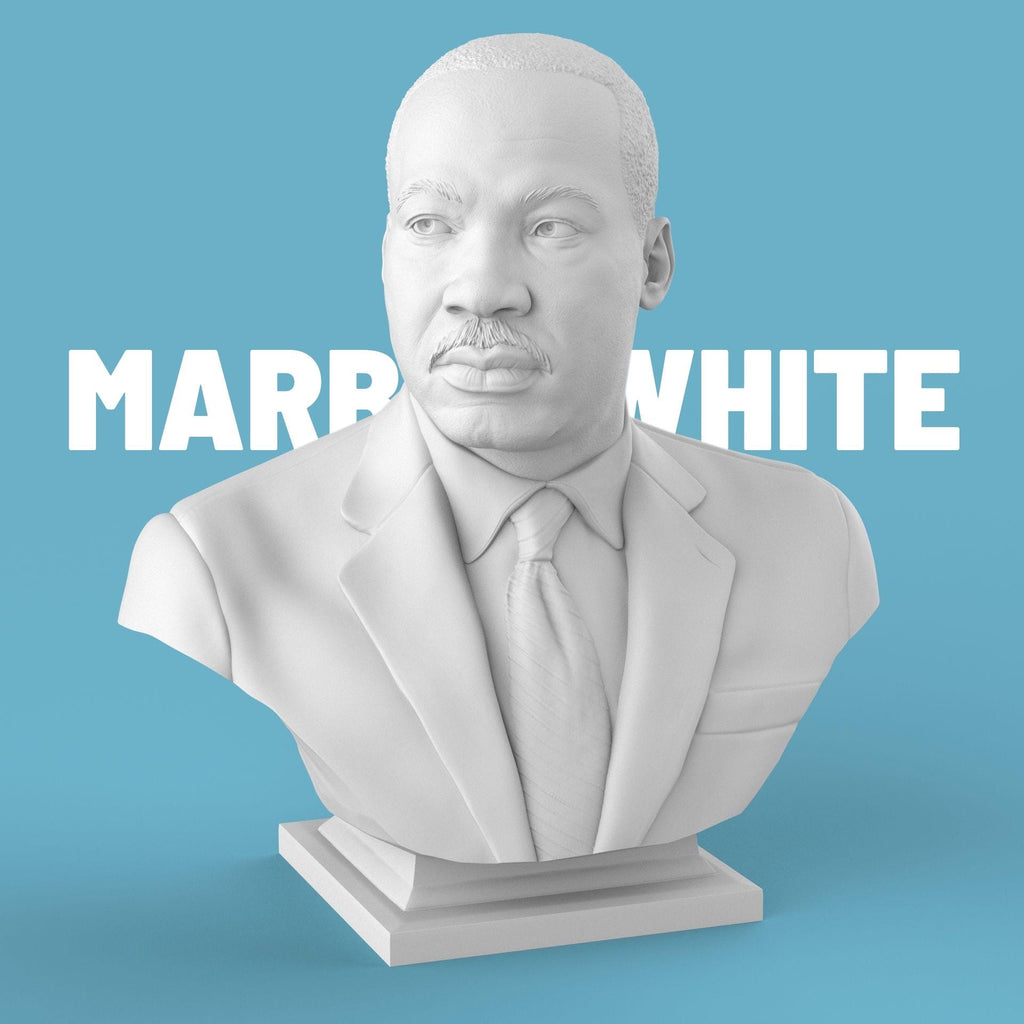 3D-printed bust of Martin Luther King Jr. in a suit and tie, capturing his determined expression with fine detailing, ideal for collectors, tributes, or display décor.
