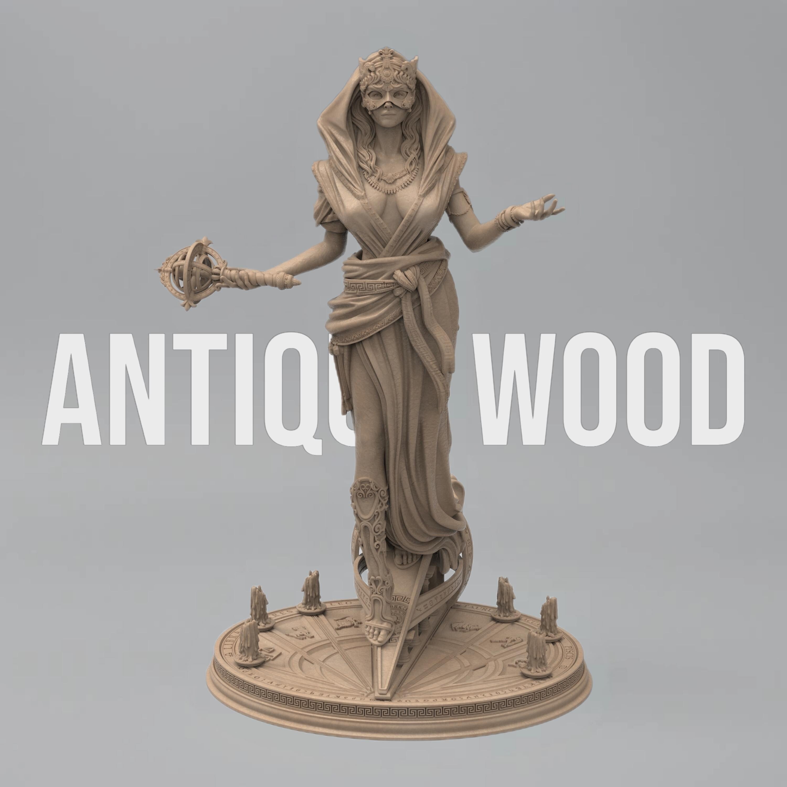 Elegant statue of Lakhesis, the Moirai. Draped in flowing robes with intricate details, a veiled face, and a majestic headdress. Symbolizing the measurer of fate, she stands with a poised and mystical presence.