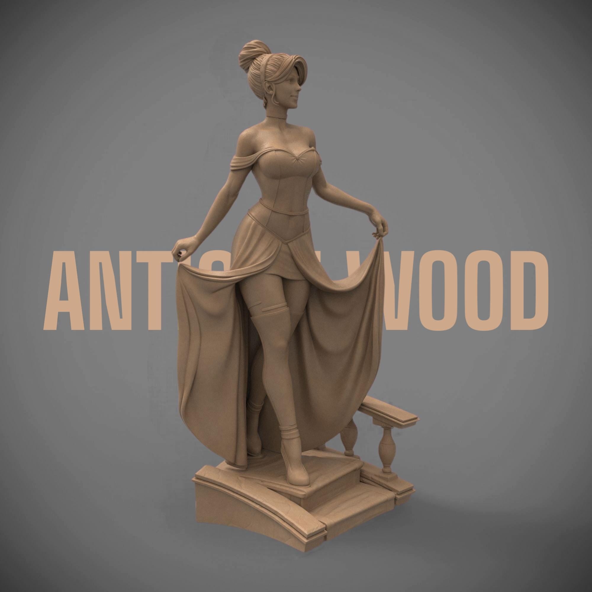 A bold reimagination of the classic princess, this stunning Elaria the Princess of Moonlight statuette blends elegance and seduction. With delicate details from her flowing dress to thigh-high stockings and glass slippers, she steps confidently down the royal stairs—one garter and lost shoe away from a fairytale twist.