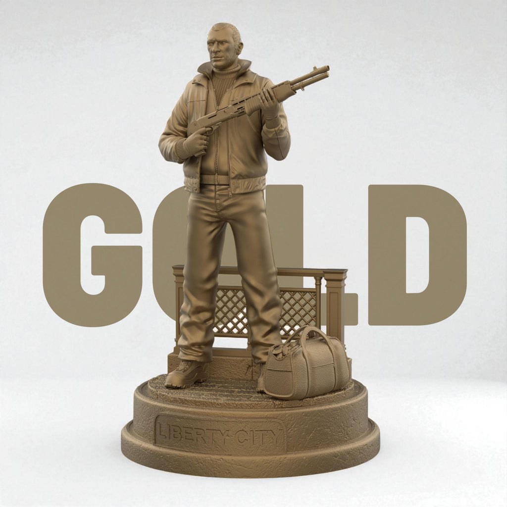 Highly detailed 3D-printed figurine of a rugged man holding a shotgun, standing confidently on a circular base marked with “Liberty City,” accompanied by a duffel bag and fence detail, perfect for collectors.