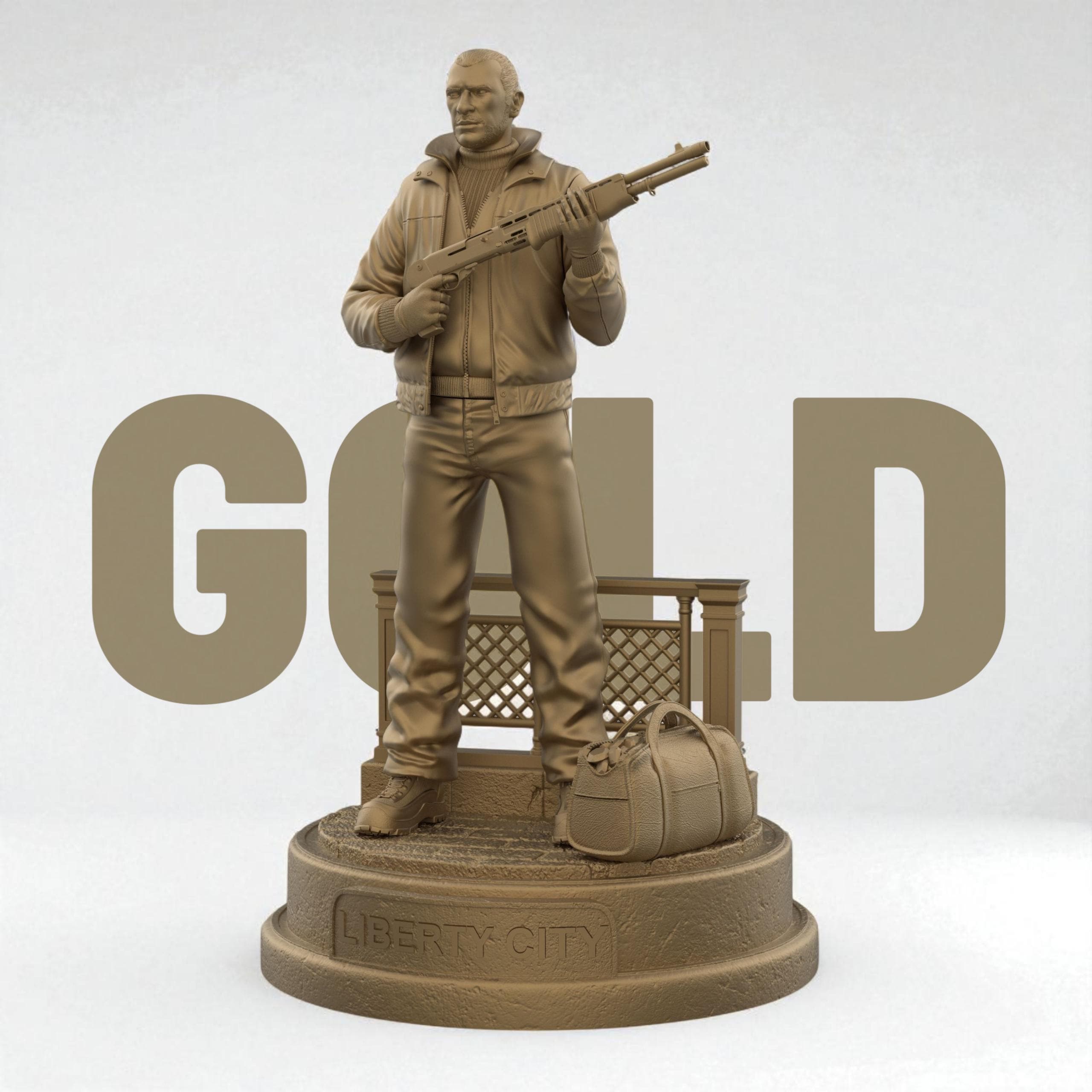 Highly detailed 3D-printed figurine of a rugged man holding a shotgun, standing confidently on a circular base marked with “Liberty City,” accompanied by a duffel bag and fence detail, perfect for collectors.