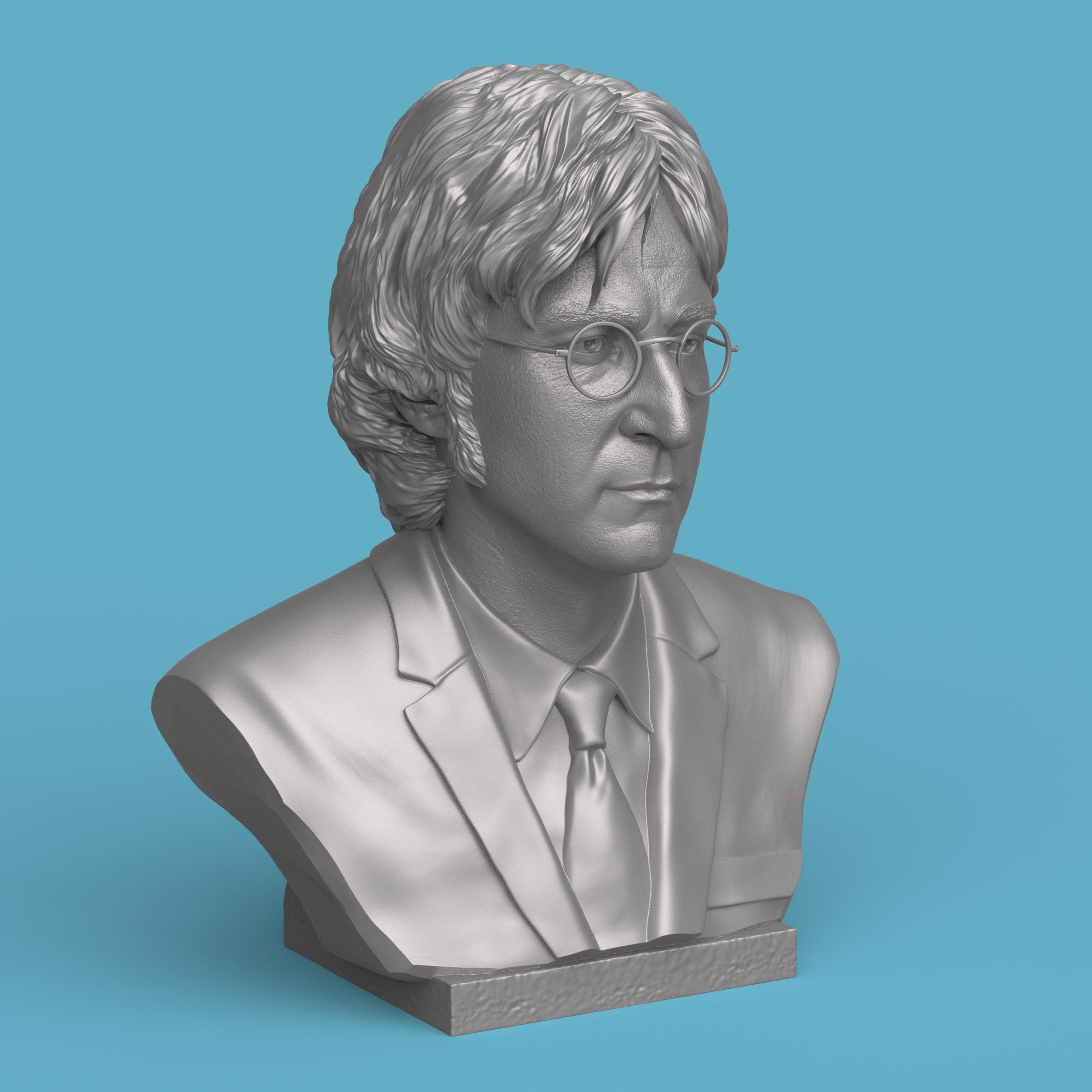3D-printed bust of John Lennon wearing round glasses and a suit with tie, finely detailed to capture his calm and thoughtful expression — perfect for music fans, collectors, and art displays.
