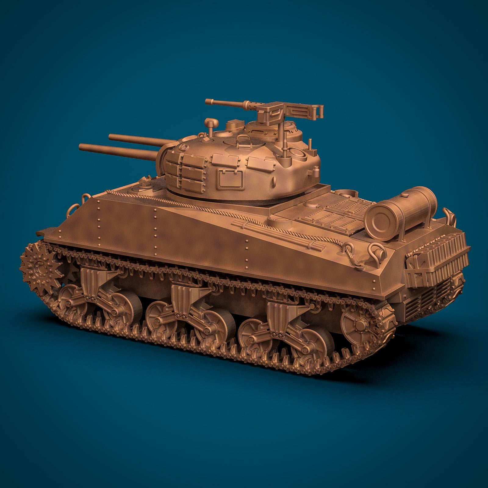 M4A3R3 Sherman Zippo tank miniature featuring detailed WWII US flamethrower tank design, twin barrels, armored turret, realistic tracks, and surface panel details. Resin military model for tabletop wargaming, dioramas, and collectors.