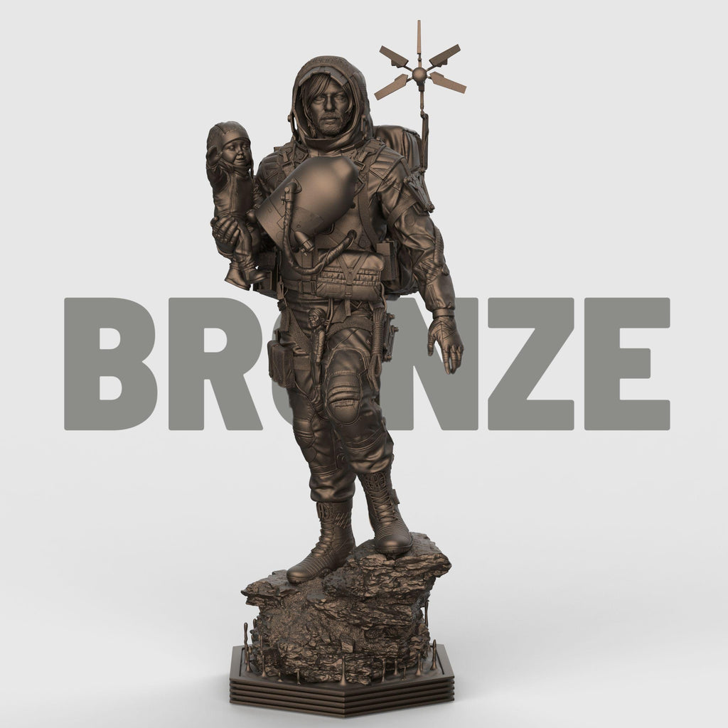Delivery Man figurine depicting a rugged adventurer in detailed gear carrying supplies and equipment, standing firmly on a rocky base, available as an unpainted resin model.