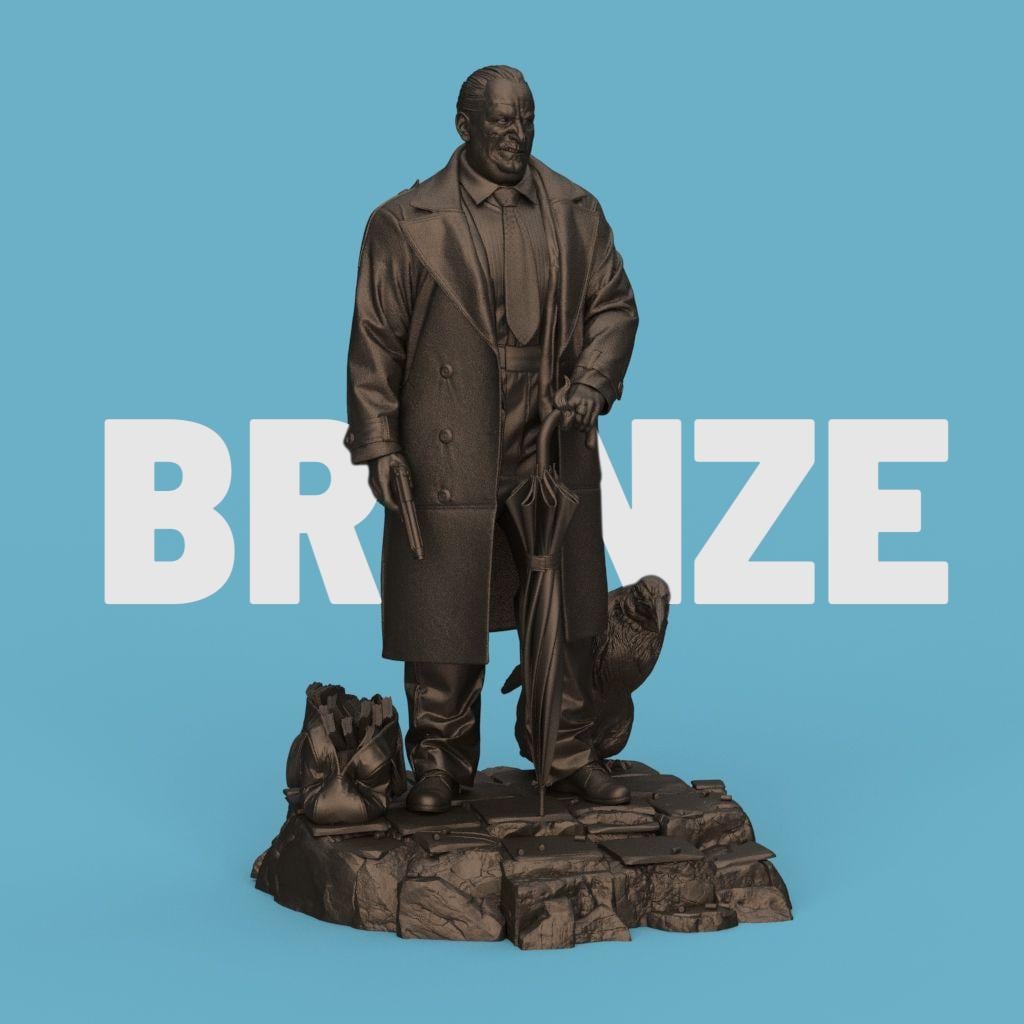3D-printed figurine of The Penguin Man standing on a textured stone base, holding an umbrella and a gun, with two penguins by his side. The sculpture showcases detailed clothing folds and facial expression, making it ideal for collectors of cinematic or villain-inspired art pieces.