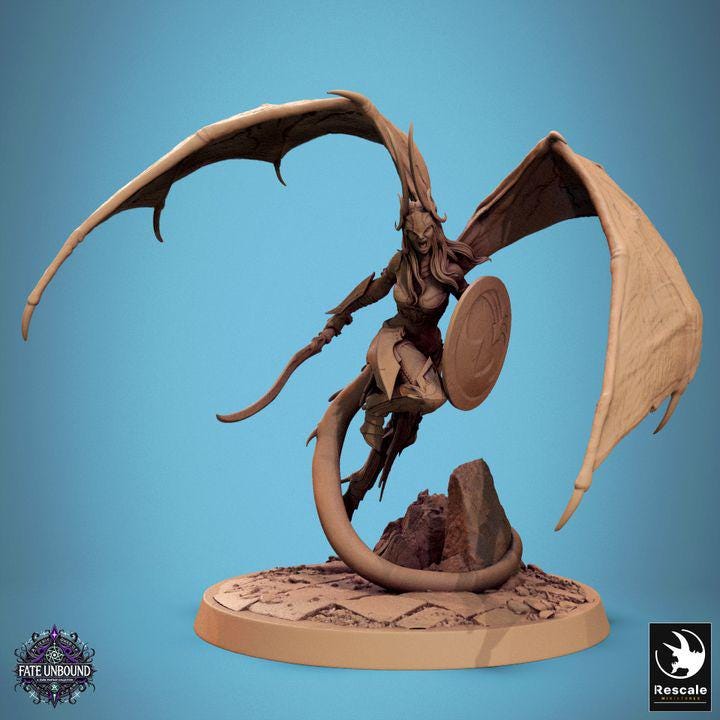 A fierce female cambion with demonic wings, curved horns, and a serpent tail wields a deadly spear and shield. Her armored form exudes power as she stands ready for battle, embodying both beauty and terror in a masterfully sculpted miniature.