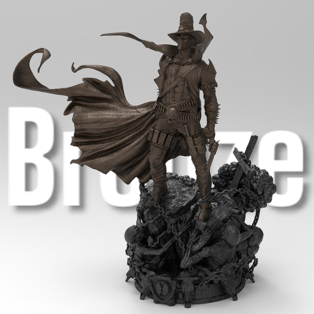 Gunslinger Spawn statue in a dynamic pose, wielding twin pistols with a flowing cape and spiked armor. Stands atop a detailed battlefield with chains and skulls, capturing the dark, gritty essence of the character.