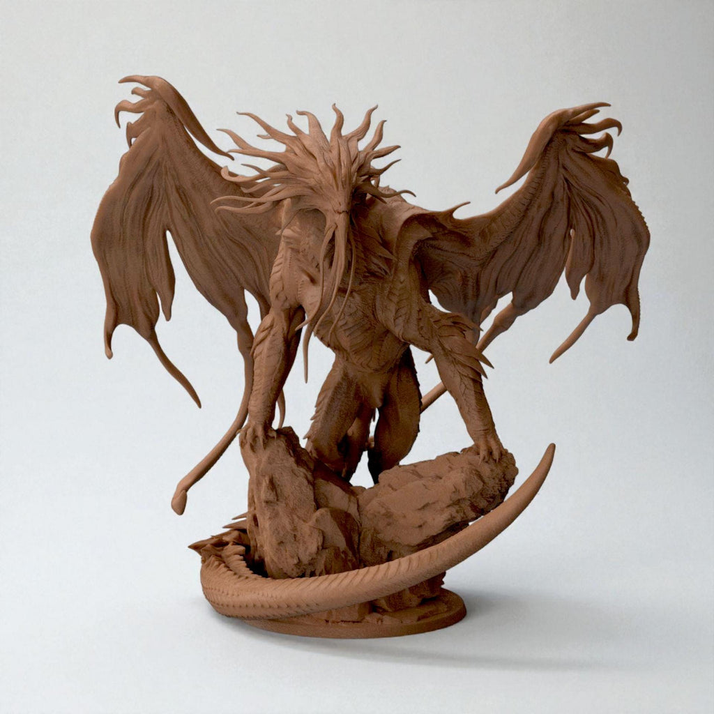 3D-printed Dragon Bahamut figurine featuring an awe-inspiring mythical dragon perched on a rocky base. The sculpture showcases flowing wing membranes, sharp scales, and a dynamic pose that radiates strength and majesty — a centerpiece piece for fantasy collectors and dragon enthusiasts alike.