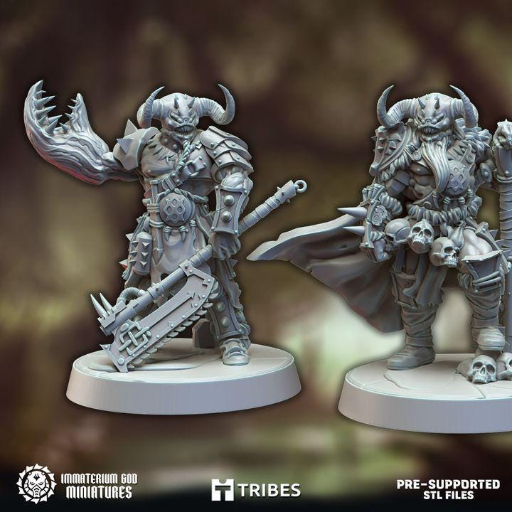 Horned Berserk Demon miniature by Immaterium God, clad in spiked armor, wielding a massive chainsaw weapon. One arm is a monstrous claw.