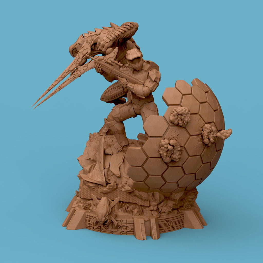 3D-printed diorama featuring the Arbiter and Master Chief locked in battle, captured in dynamic motion. The detailed scene showcases the two armored warriors clashing atop a sci-fi terrain with glowing energy blades and futuristic textures, embodying heroism, rivalry, and cinematic intensity — a perfect collectible for sci-fi fans and gamers.
