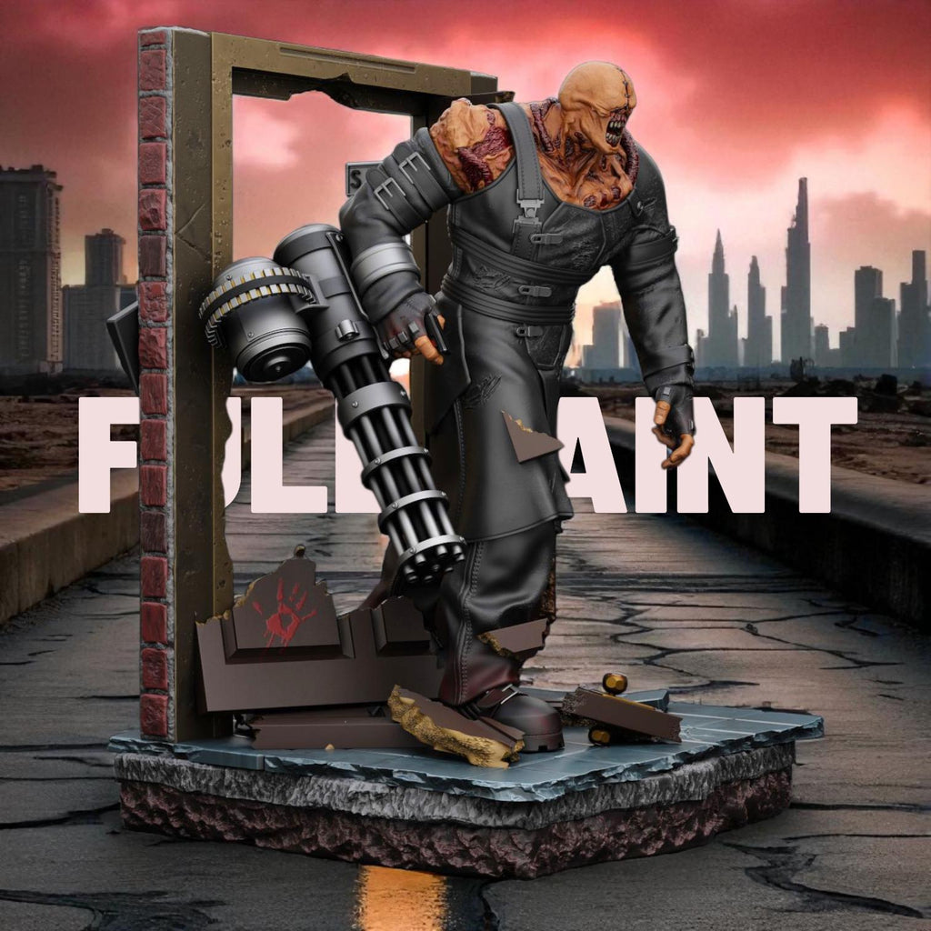 A figurine depicting Nemesis of the Dead, featuring a monstrous humanoid character with exposed, veined shoulders and a heavily scarred face. The figure stands menacingly inside a battered doorway, holding a large gatling gun and wearing a tattered black trench coat. The base shows broken debris and rubble, emphasizing a sense of destruction.