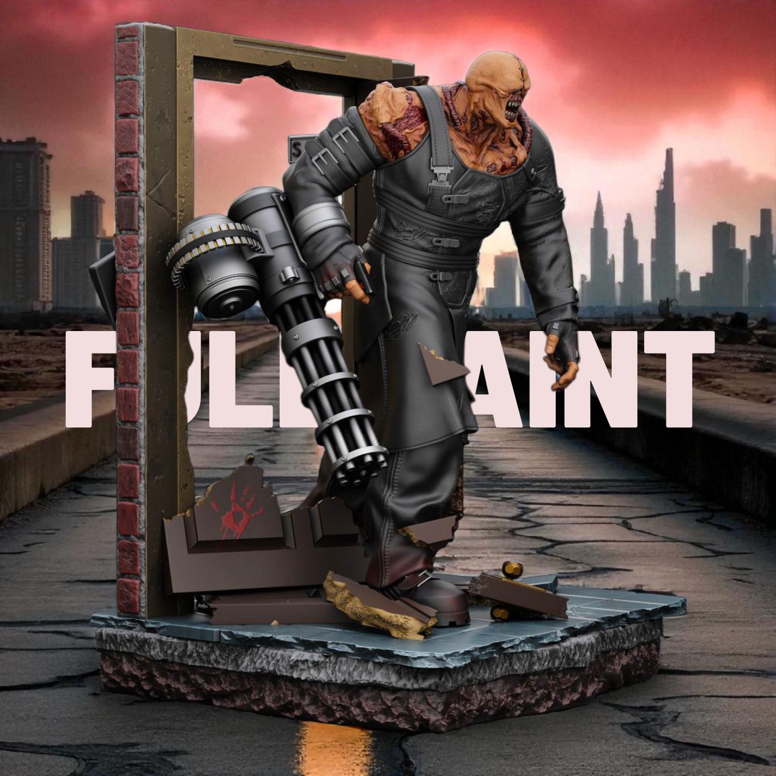 A figurine depicting Nemesis of the Dead, featuring a monstrous humanoid character with exposed, veined shoulders and a heavily scarred face. The figure stands menacingly inside a battered doorway, holding a large gatling gun and wearing a tattered black trench coat. The base shows broken debris and rubble, emphasizing a sense of destruction.