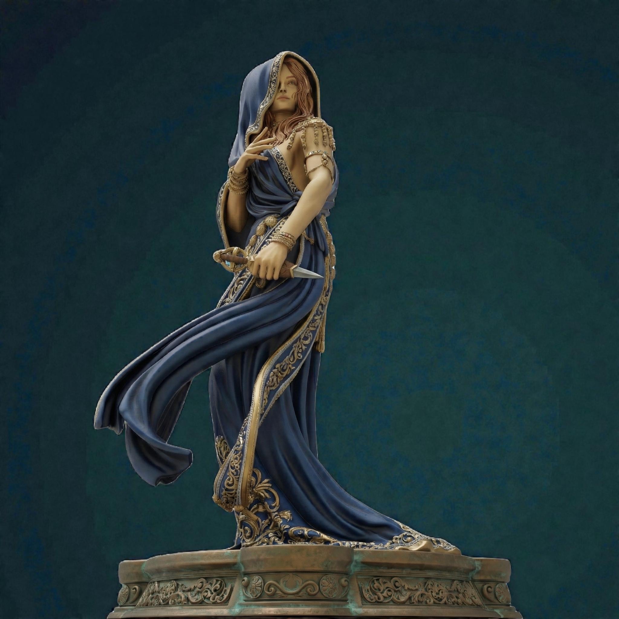 Klotho the Moirai, the spinner of fate, is captured here in an elegant and mysterious pose, cloaked in flowing robes and holding the thread of destiny. This highly detailed sculpture embodies grace, power, and mythic allure—perfect for collectors of fantasy art, mythology, and Greek legends.