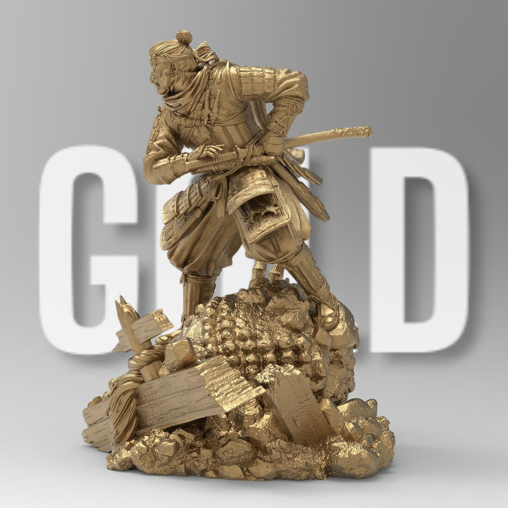 Jin Sakai from Ghost of Tsushima in a dynamic pose, gripping his katana. He wears samurai armor with a flowing scarf and a battle-worn flag behind him. The base features broken structures and rocks, symbolizing the fallen Shogunate era.