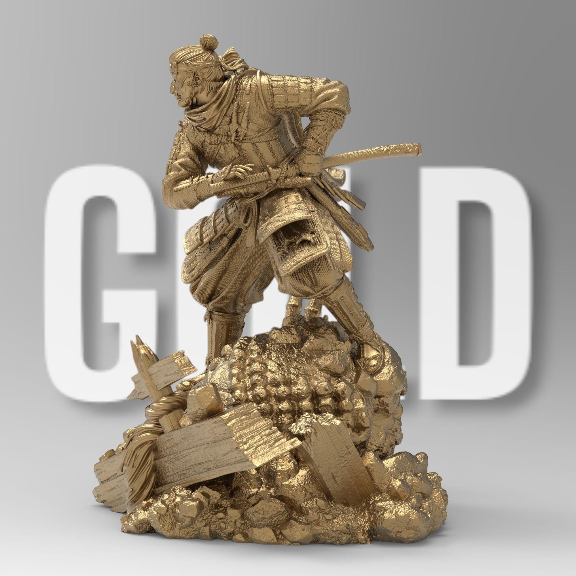 Jin Sakai from Ghost of Tsushima in a dynamic pose, gripping his katana. He wears samurai armor with a flowing scarf and a battle-worn flag behind him. The base features broken structures and rocks, symbolizing the fallen Shogunate era.