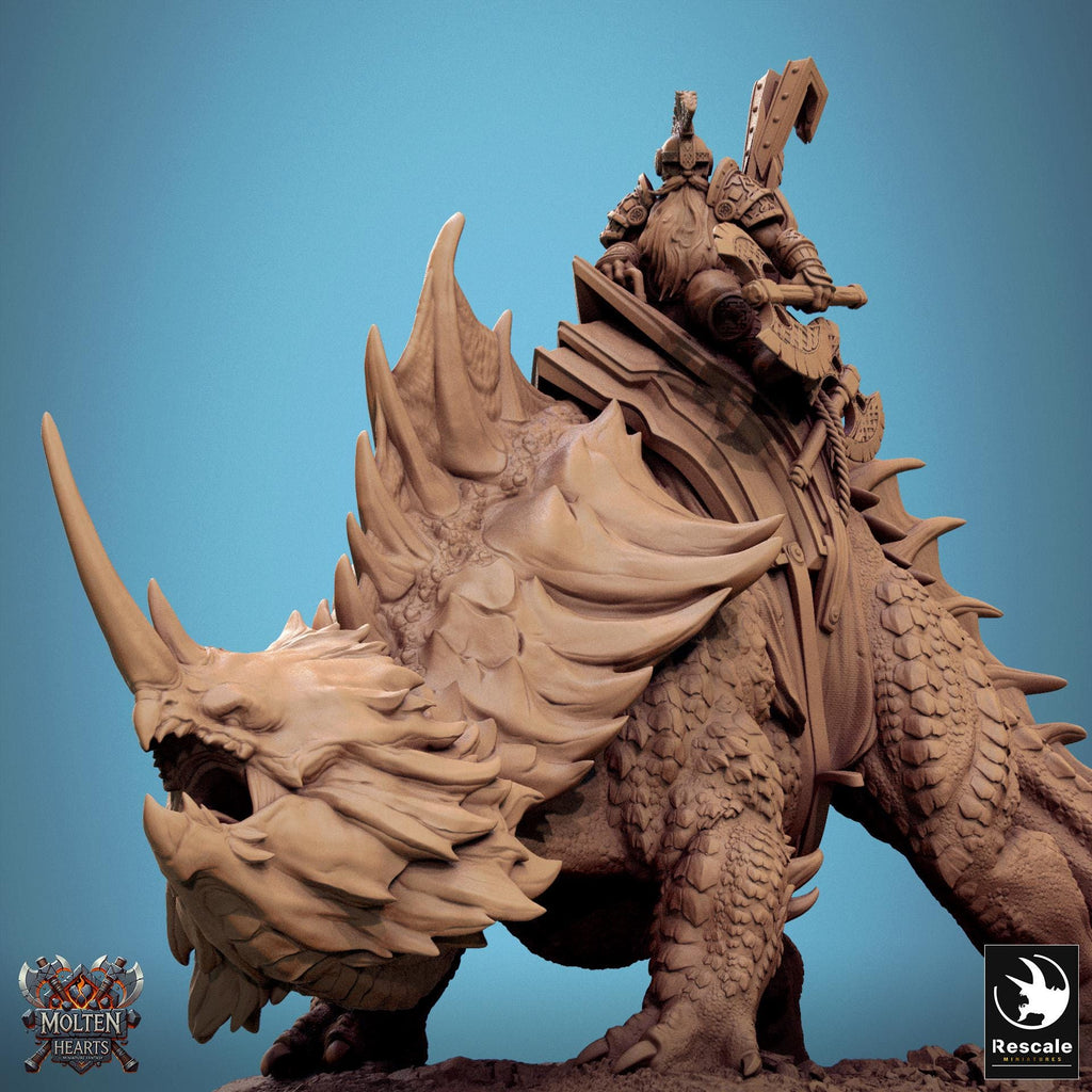 Drakanchor, a mighty war beast, carries a heavily armored warrior atop its spiked back. With rugged scales, massive horns, and an imposing stance, this fearsome mount is ready for battle. A stunning piece for collectors and tabletop RPG enthusiasts.